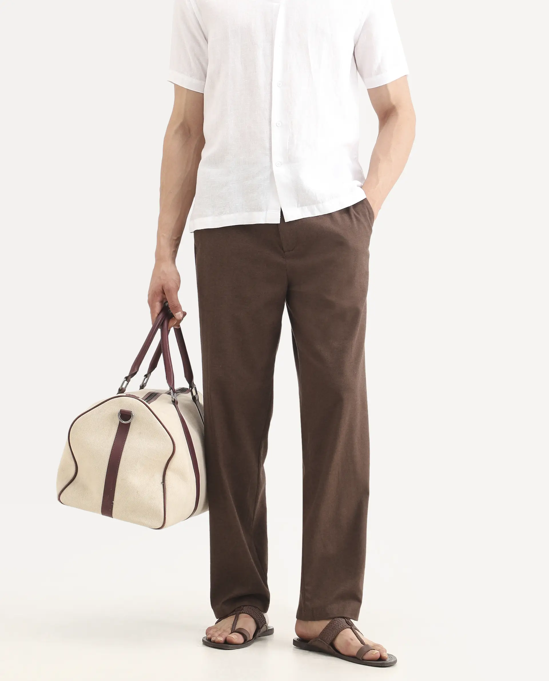 Rare Rabbit Men's Liao Dark Brown Linen Blend Fabric Straight Fit Plain Trouser - Image 2