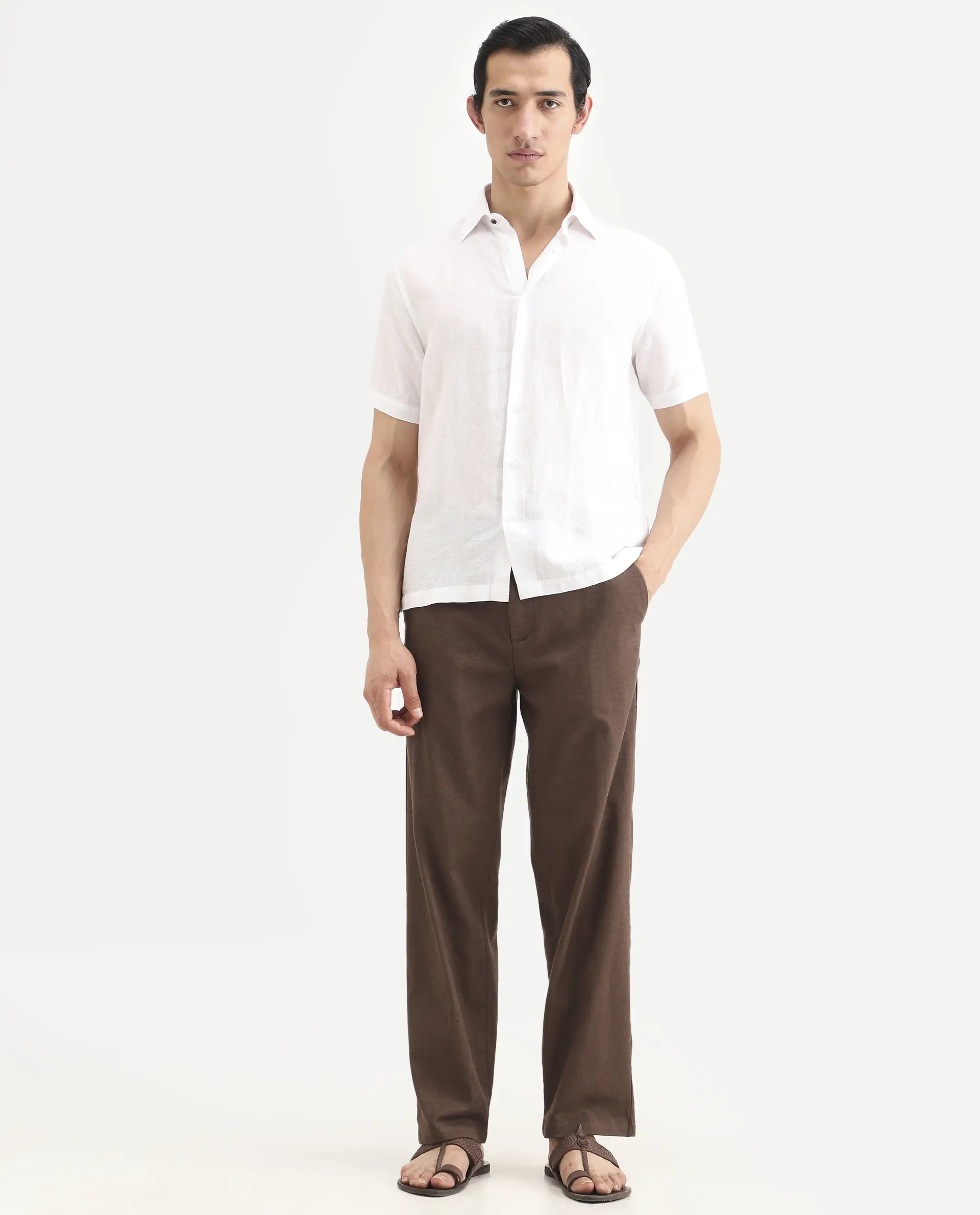 Rare Rabbit Men's Liao Dark Brown Linen Blend Fabric Straight Fit Plain Trouser - Image 4
