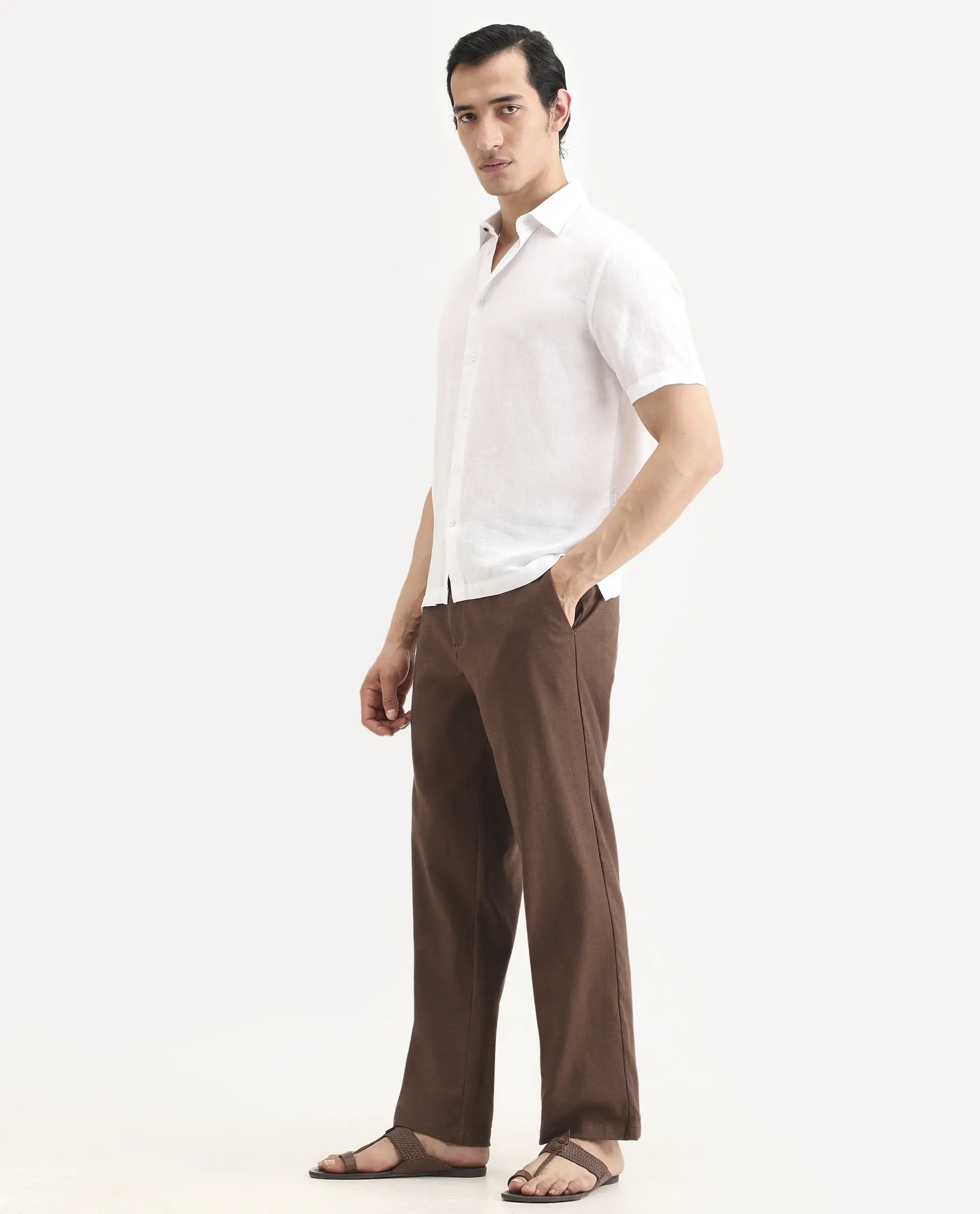 Rare Rabbit Men's Liao Dark Brown Linen Blend Fabric Straight Fit Plain Trouser - Image 5