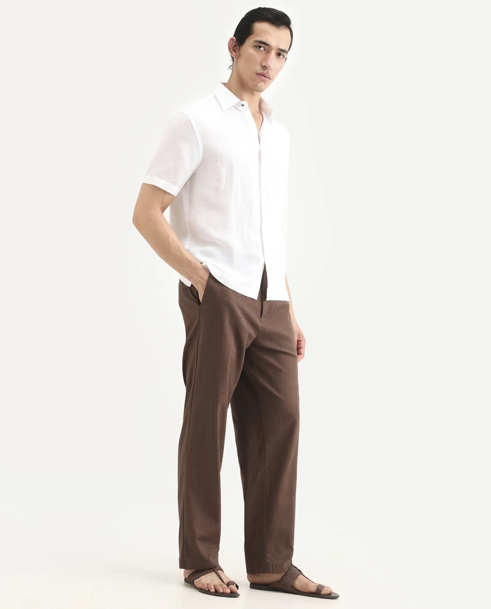 Rare Rabbit Men's Liao Dark Brown Linen Blend Fabric Straight Fit Plain Trouser - Image 6