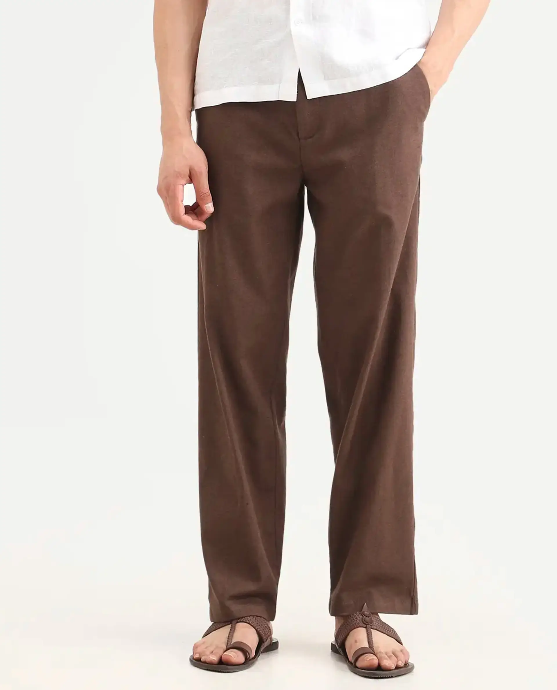 Rare Rabbit Men's Liao Dark Brown Linen Blend Fabric Straight Fit Plain Trouser - Image 9