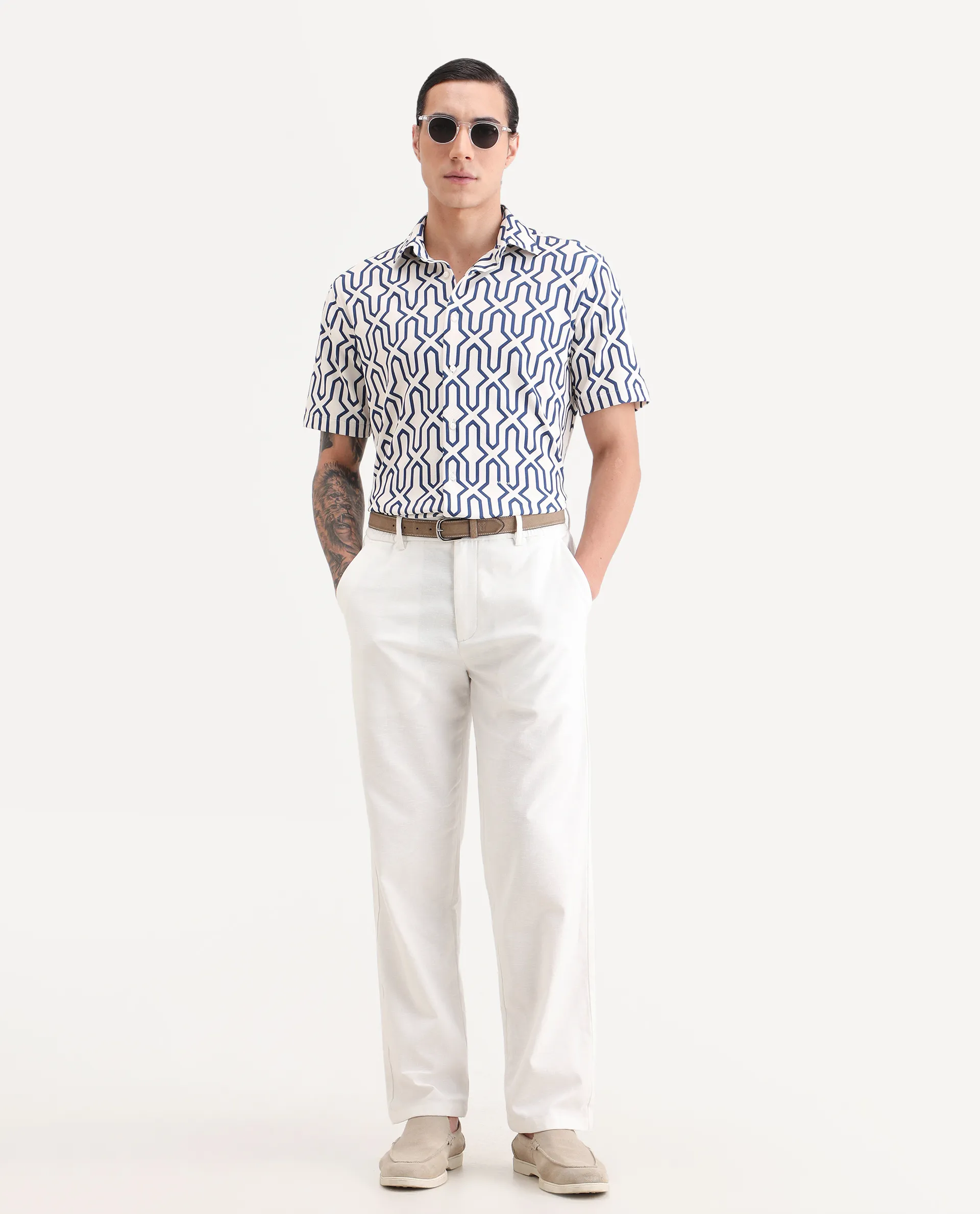 Rare Rabbit Men's Liao White Linen Blend Fabric Straight Fit Plain Trouser