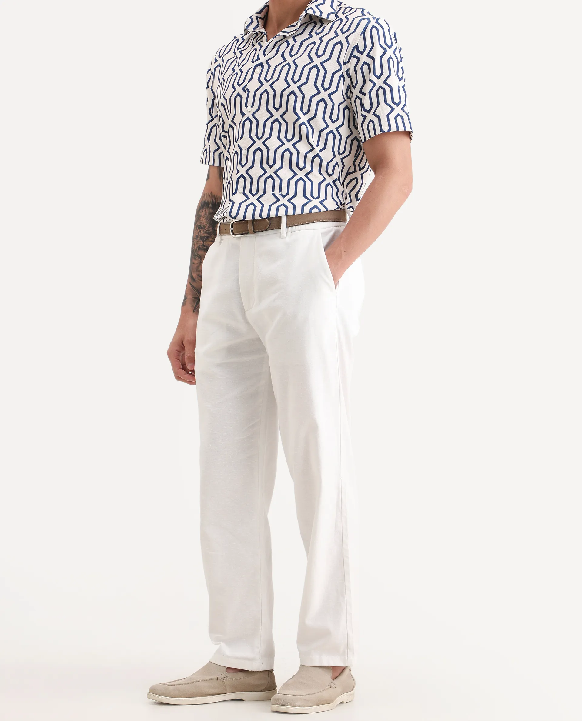 Rare Rabbit Men's Liao White Linen Blend Fabric Straight Fit Plain Trouser - Image 2