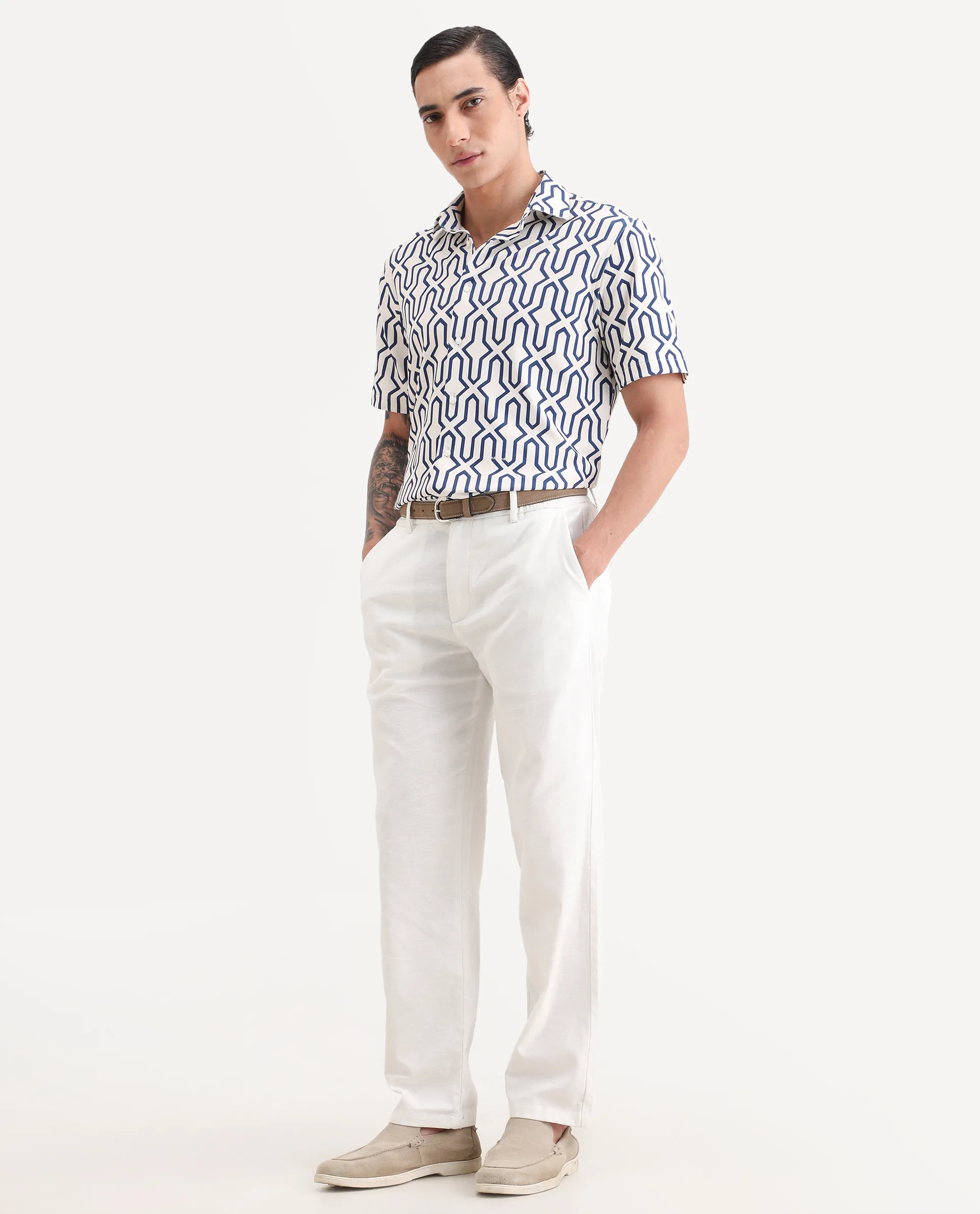 Rare Rabbit Men's Liao White Linen Blend Fabric Straight Fit Plain Trouser - Image 5