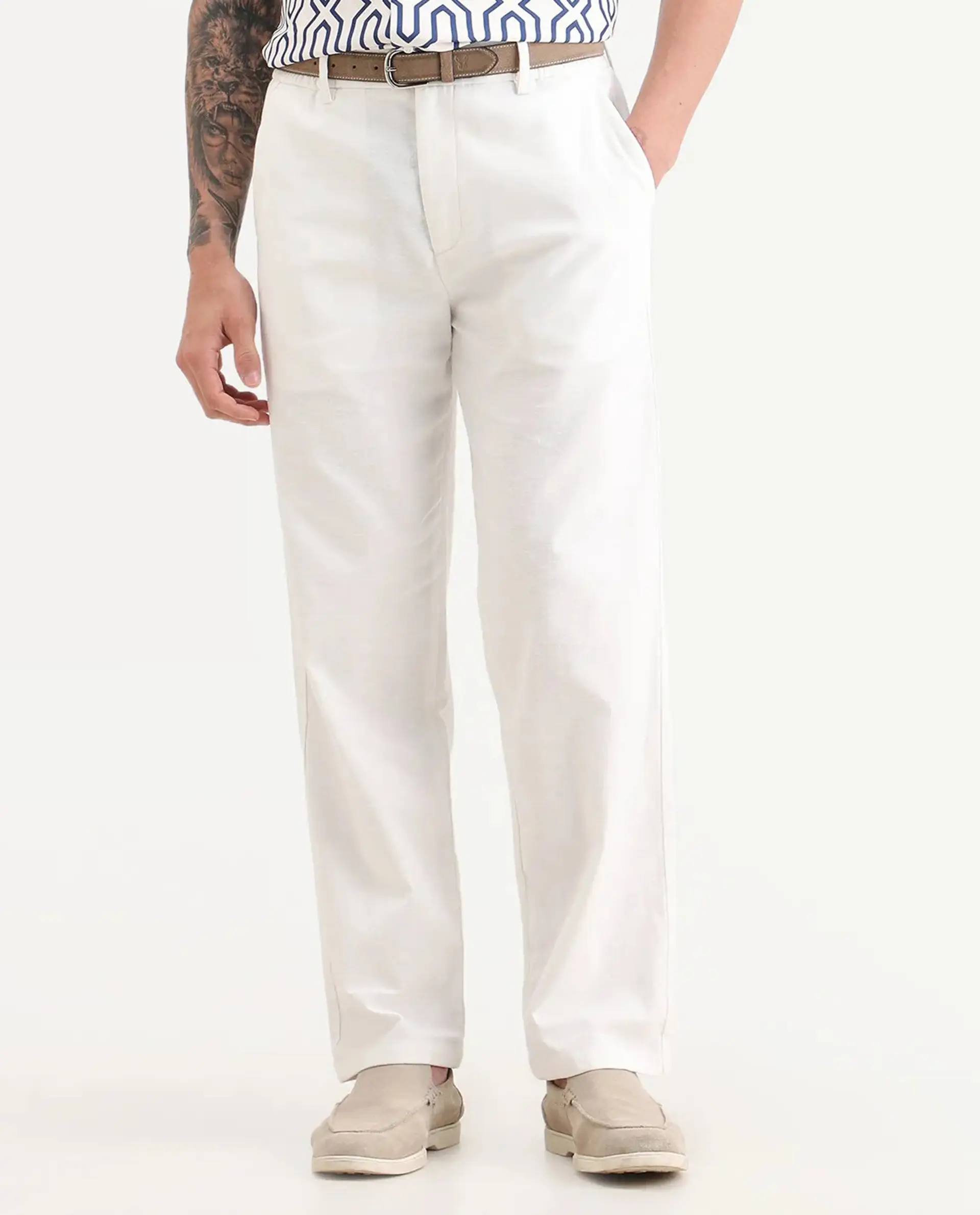 Rare Rabbit Men's Liao White Linen Blend Fabric Straight Fit Plain Trouser - Image 9