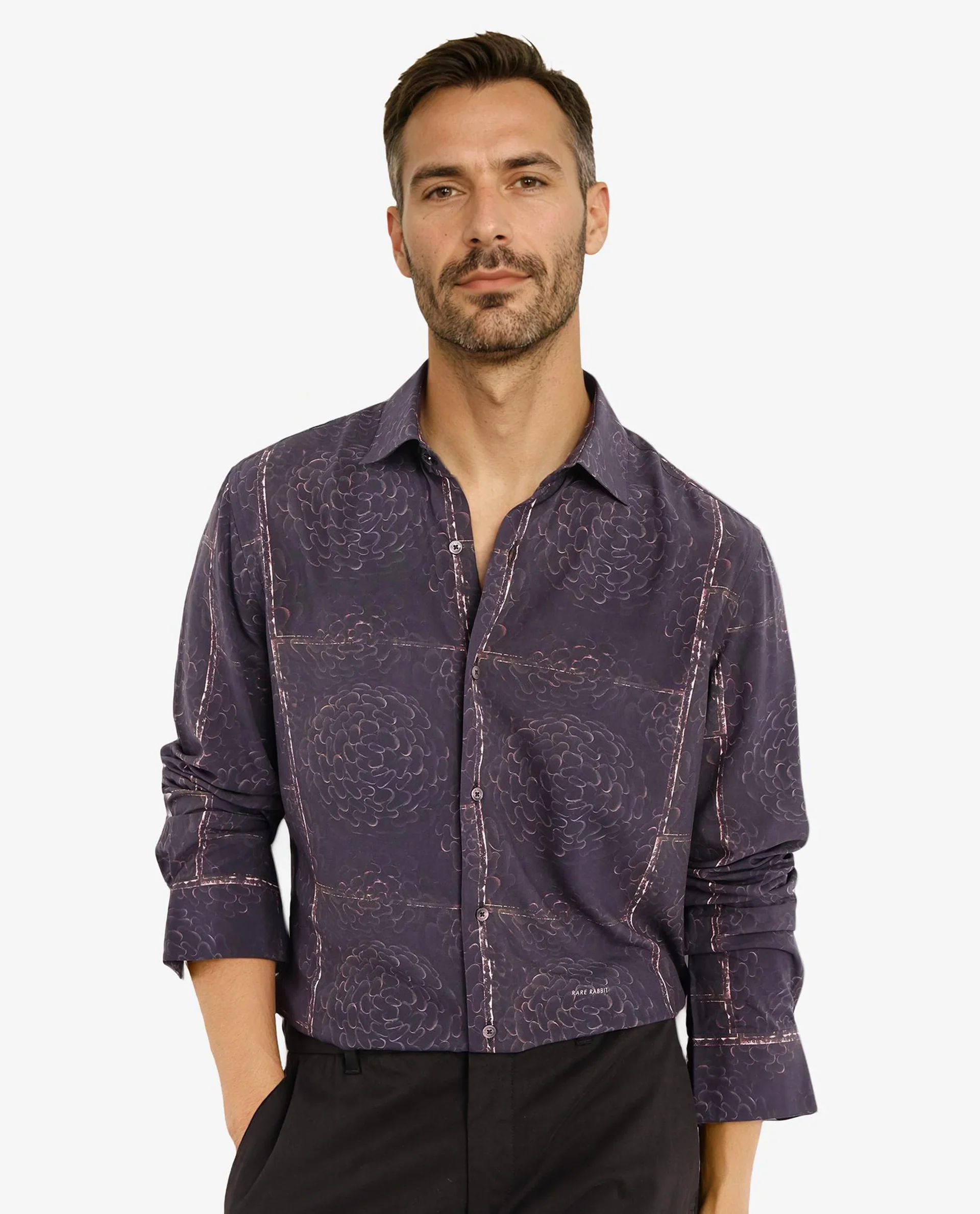 Rare Rabbit Men's Libre Black Viscose Abstract Print Regular Fit Full Sleeve Collared Shirt