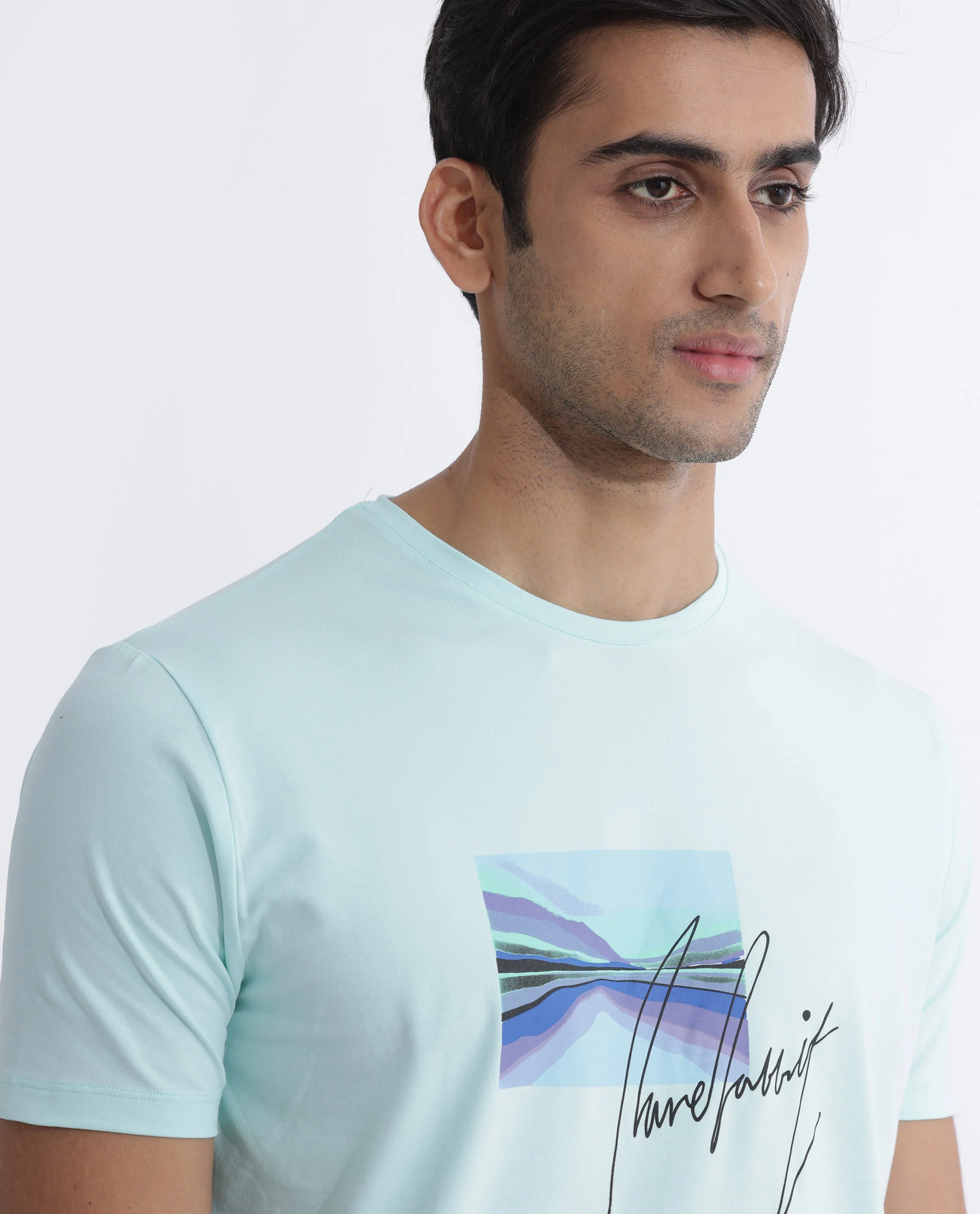 Rare Rabbit Men's Libro Light Blue Cotton Graphic Print Slim Fit Half Sleeve Crew Neck T-Shirt - Image 2