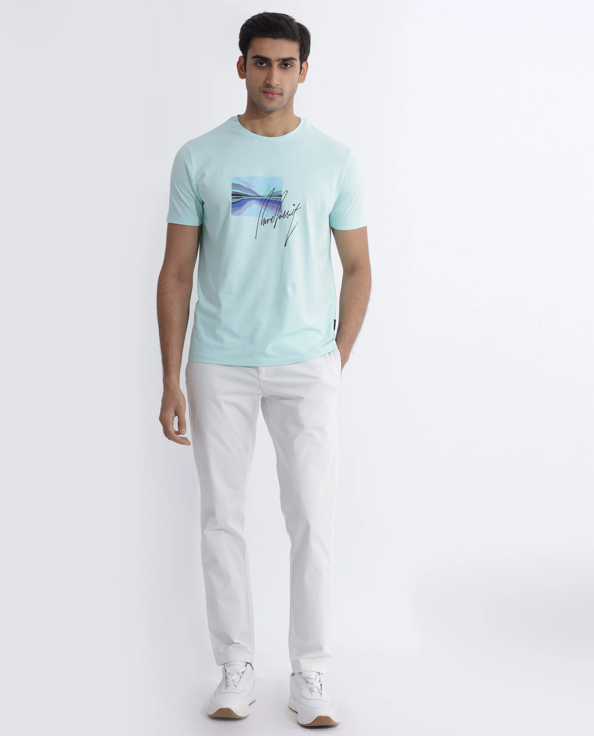 Rare Rabbit Men's Libro Light Blue Cotton Graphic Print Slim Fit Half Sleeve Crew Neck T-Shirt - Image 3