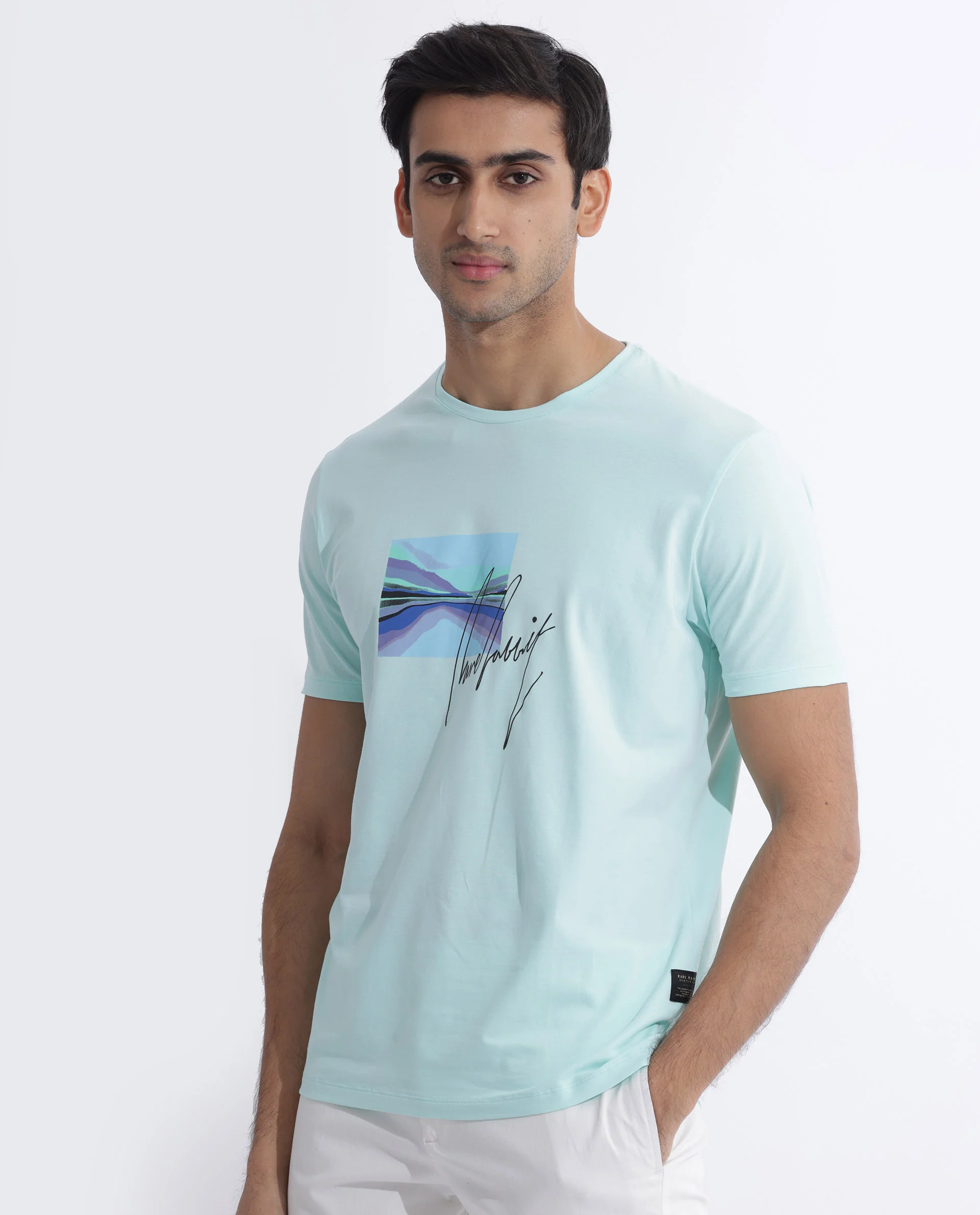 Rare Rabbit Men's Libro Light Blue Cotton Graphic Print Slim Fit Half Sleeve Crew Neck T-Shirt - Image 4