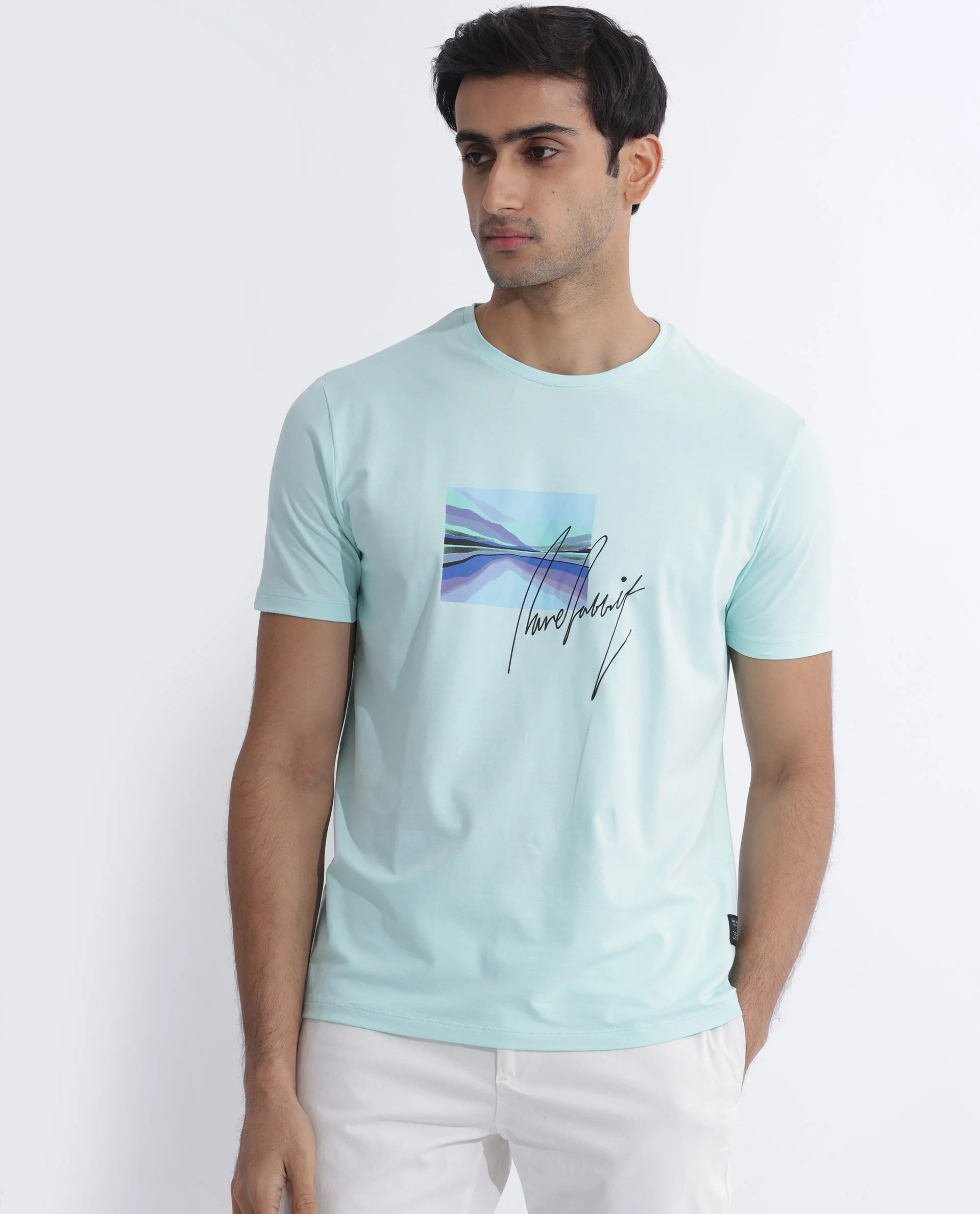 Rare Rabbit Men's Libro Light Blue Cotton Graphic Print Slim Fit Half Sleeve Crew Neck T-Shirt - Image 5