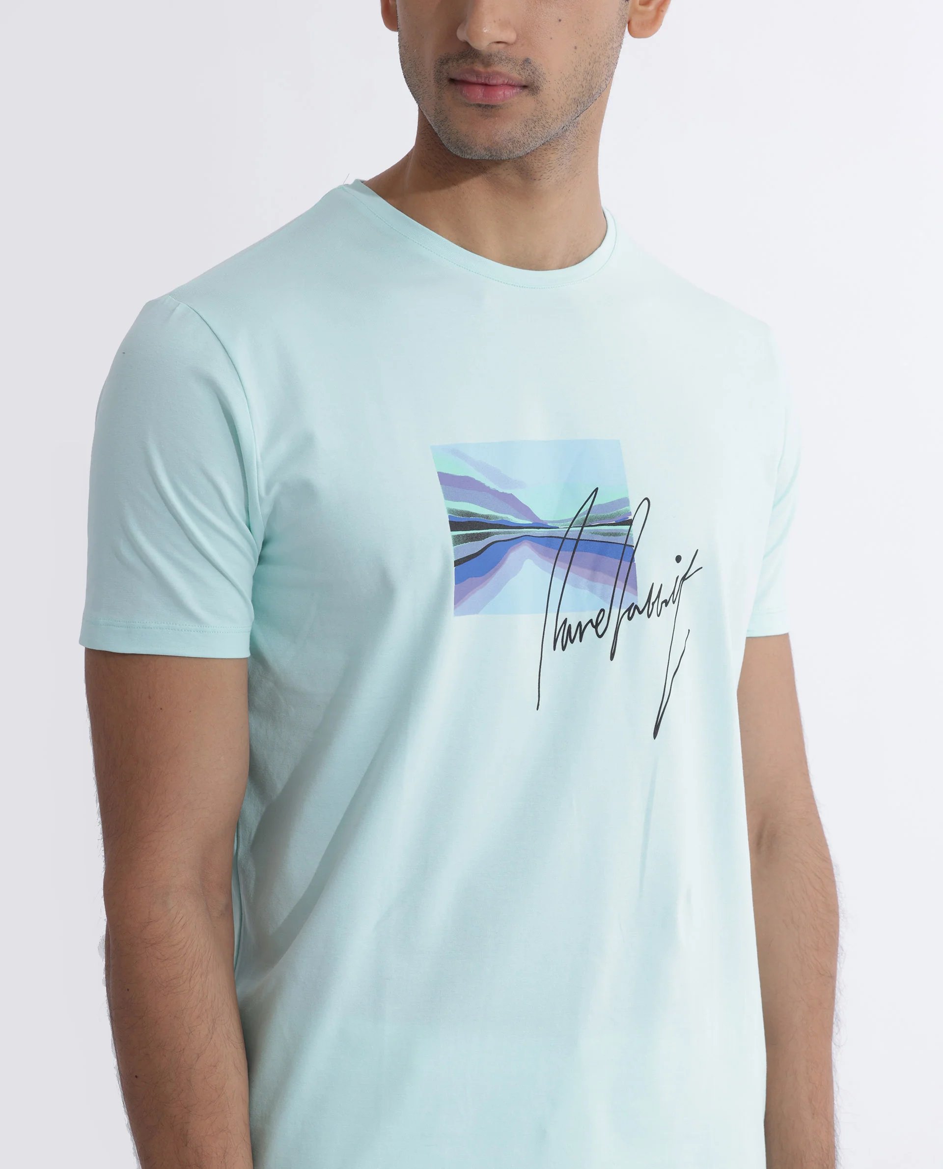 Rare Rabbit Men's Libro Light Blue Cotton Graphic Print Slim Fit Half Sleeve Crew Neck T-Shirt - Image 6