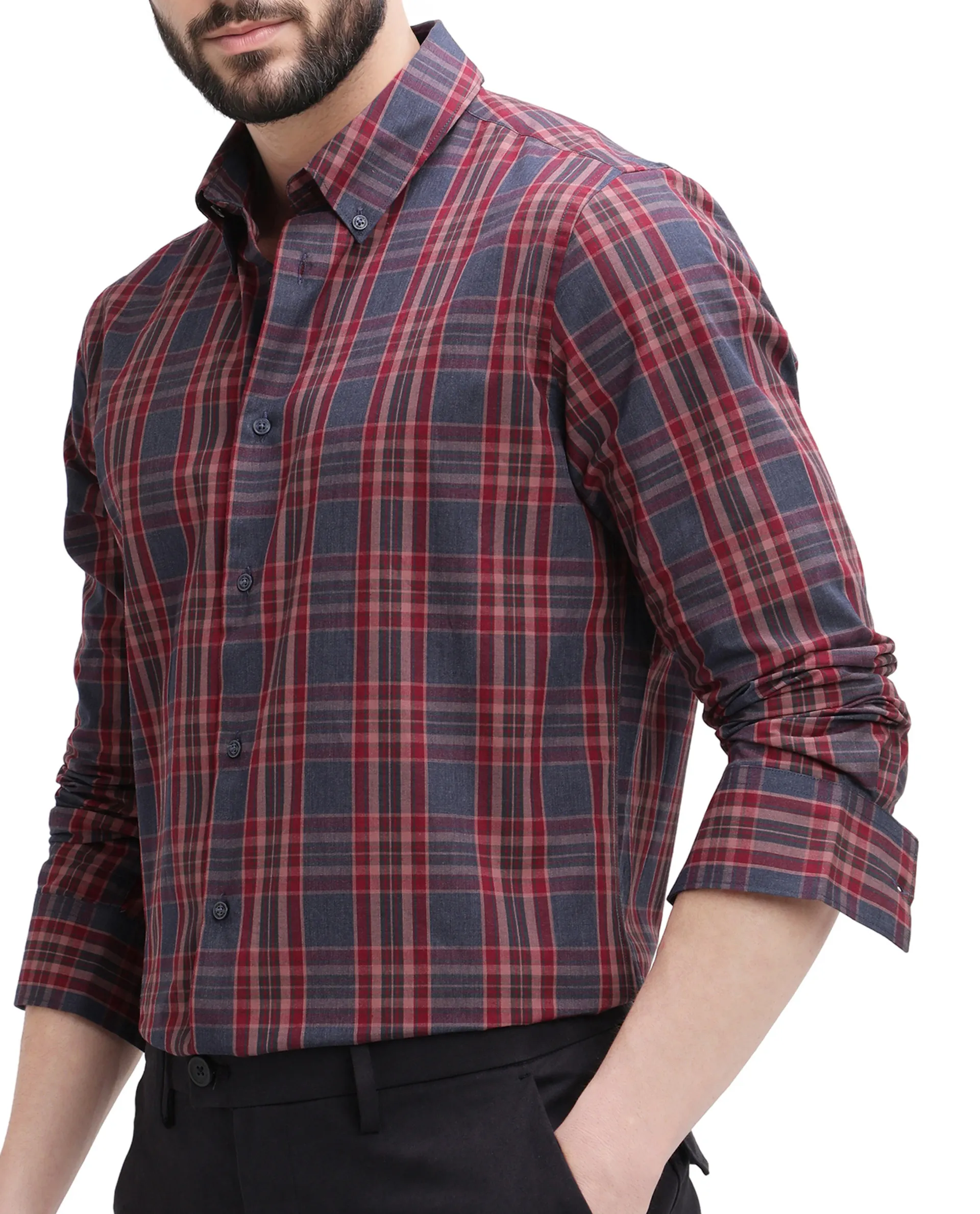 Rare Rabbit Men's Libya Red Cotton Checked Print Regular Fit Full Sleeve Collared Shirt - Image 2