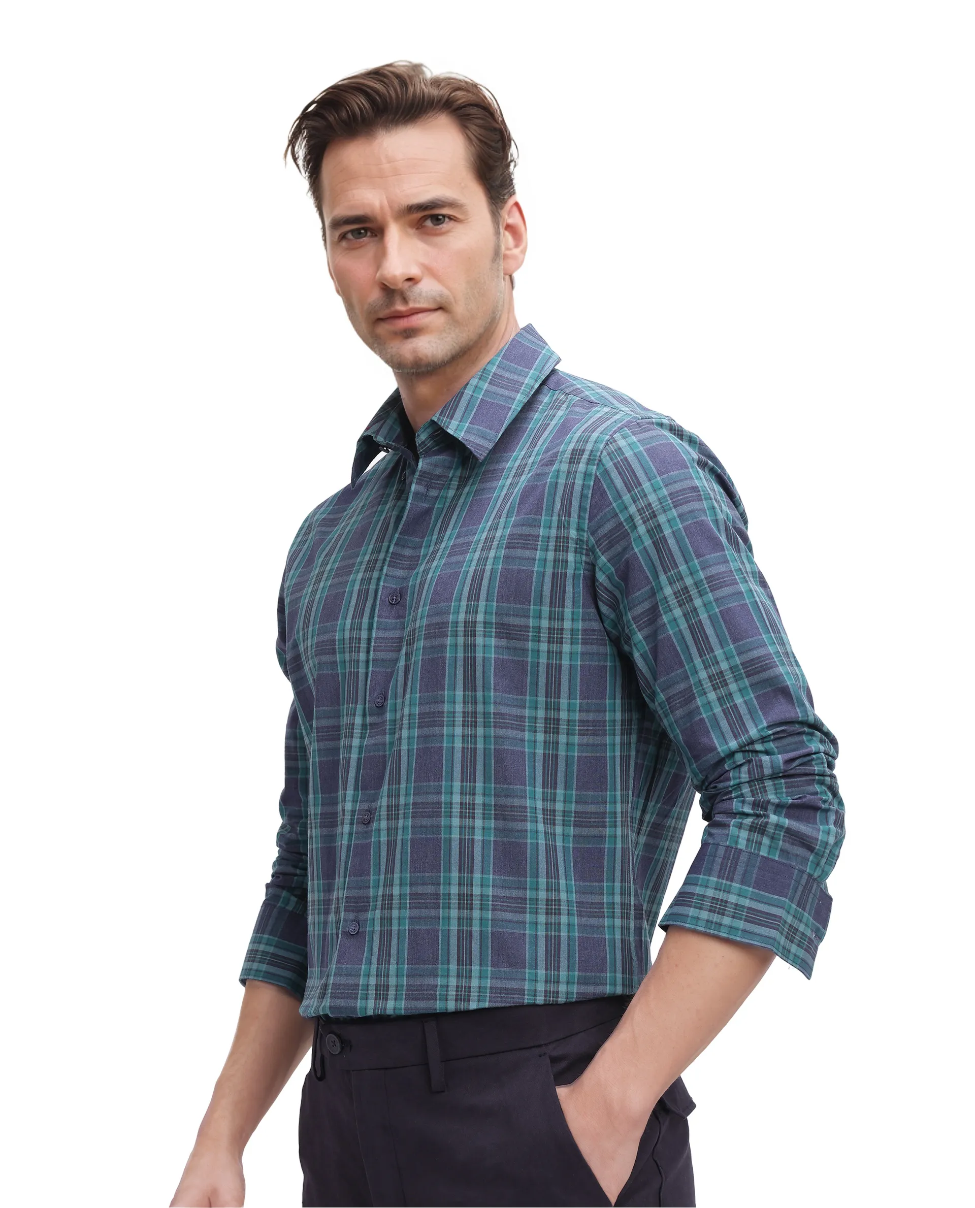 Rare Rabbit Men's Libya Turq Cotton Checked Print Regular Fit Full Sleeve Collared Shirt - Image 2