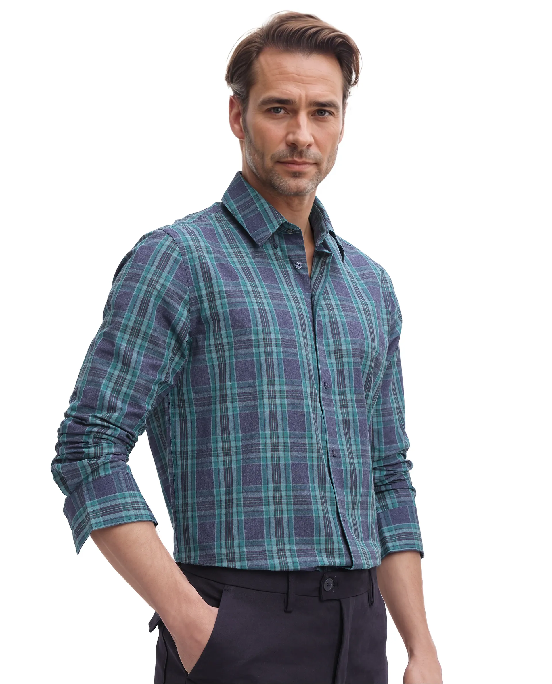 Rare Rabbit Men's Libya Turq Cotton Checked Print Regular Fit Full Sleeve Collared Shirt - Image 3