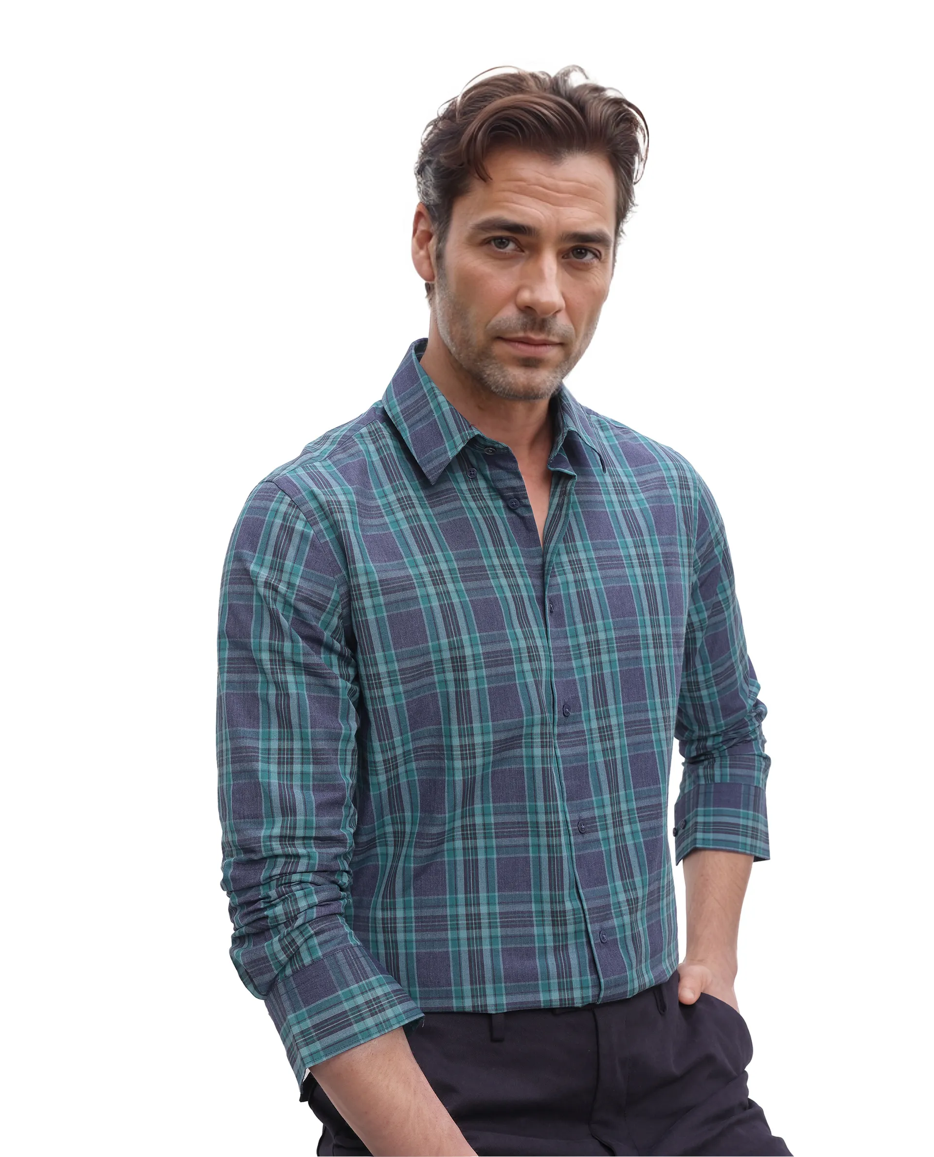 Rare Rabbit Men's Libya Turq Cotton Checked Print Regular Fit Full Sleeve Collared Shirt - Image 6