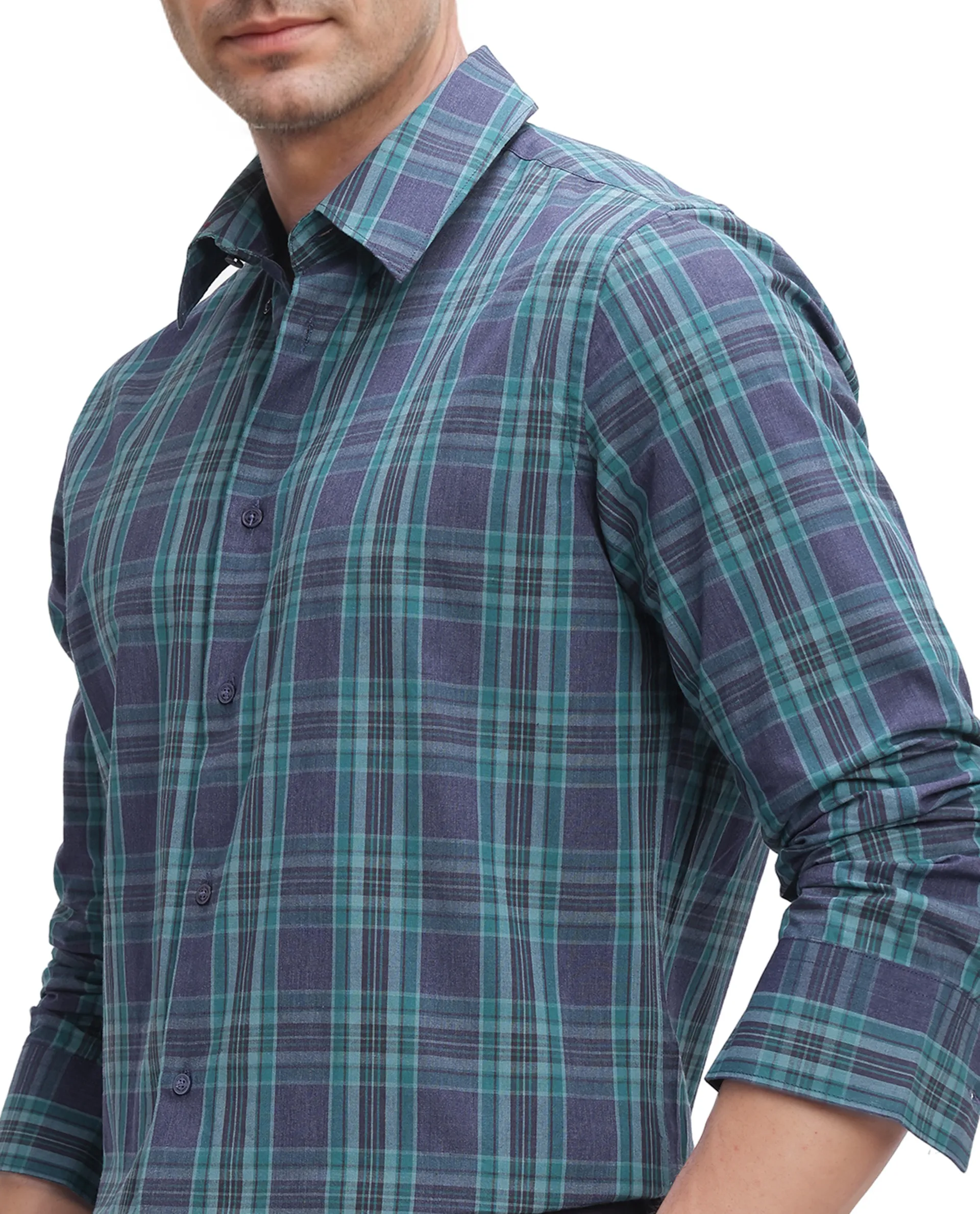 Rare Rabbit Men's Libya Turq Cotton Checked Print Regular Fit Full Sleeve Collared Shirt - Image 8