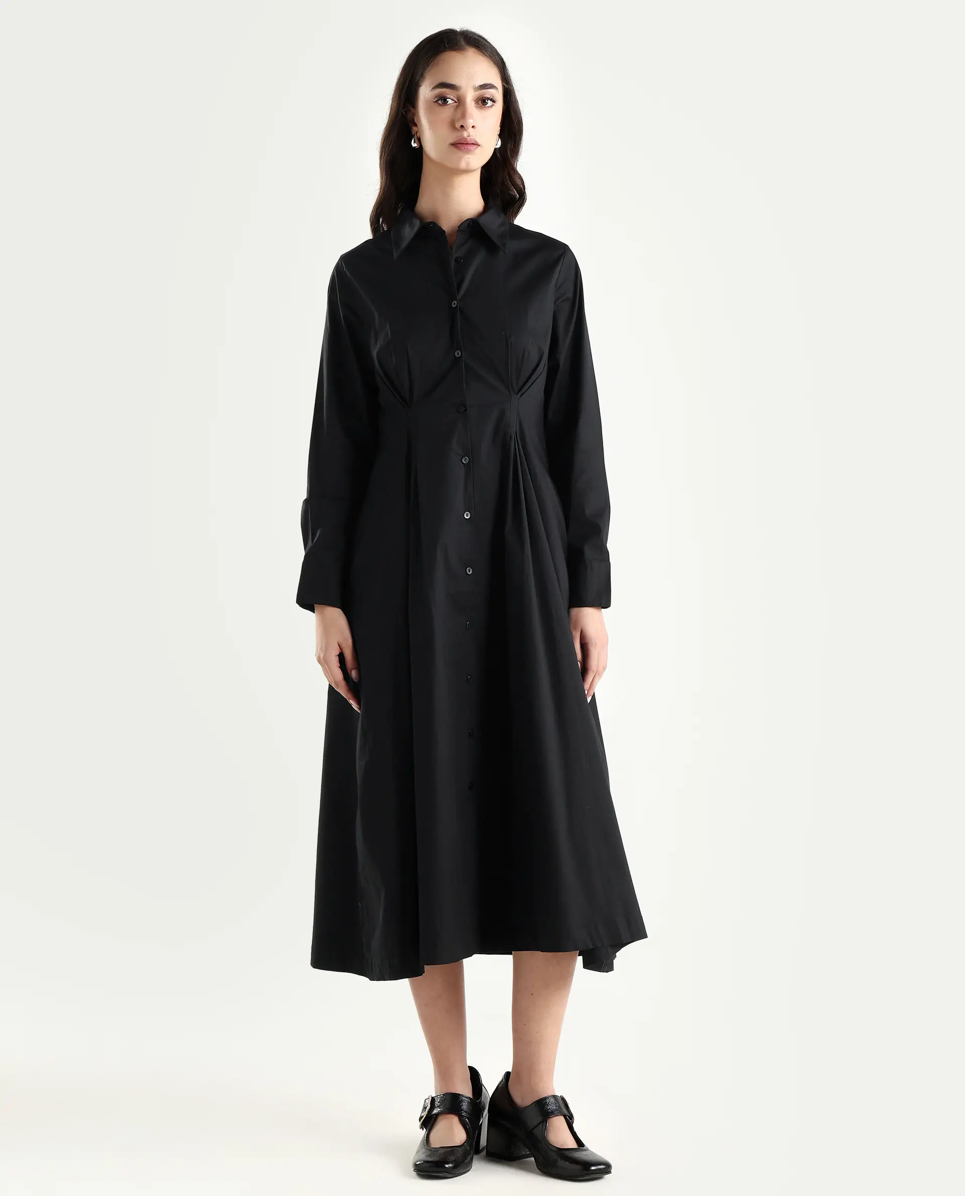 Rareism Women's Libz Black Cotton Blend Drop Collar Plain Cuffed Sleeve Midi Fit And Flare Dress - Image 2