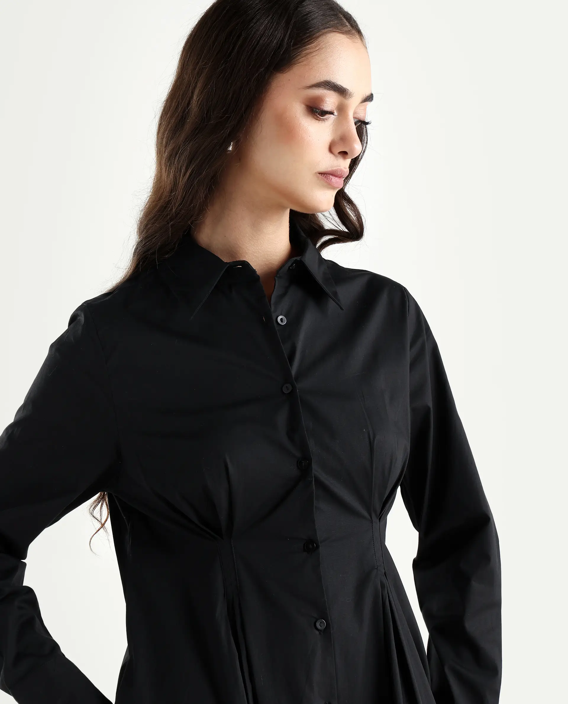 Rareism Women's Libz Black Cotton Blend Drop Collar Plain Cuffed Sleeve Midi Fit And Flare Dress - Image 3