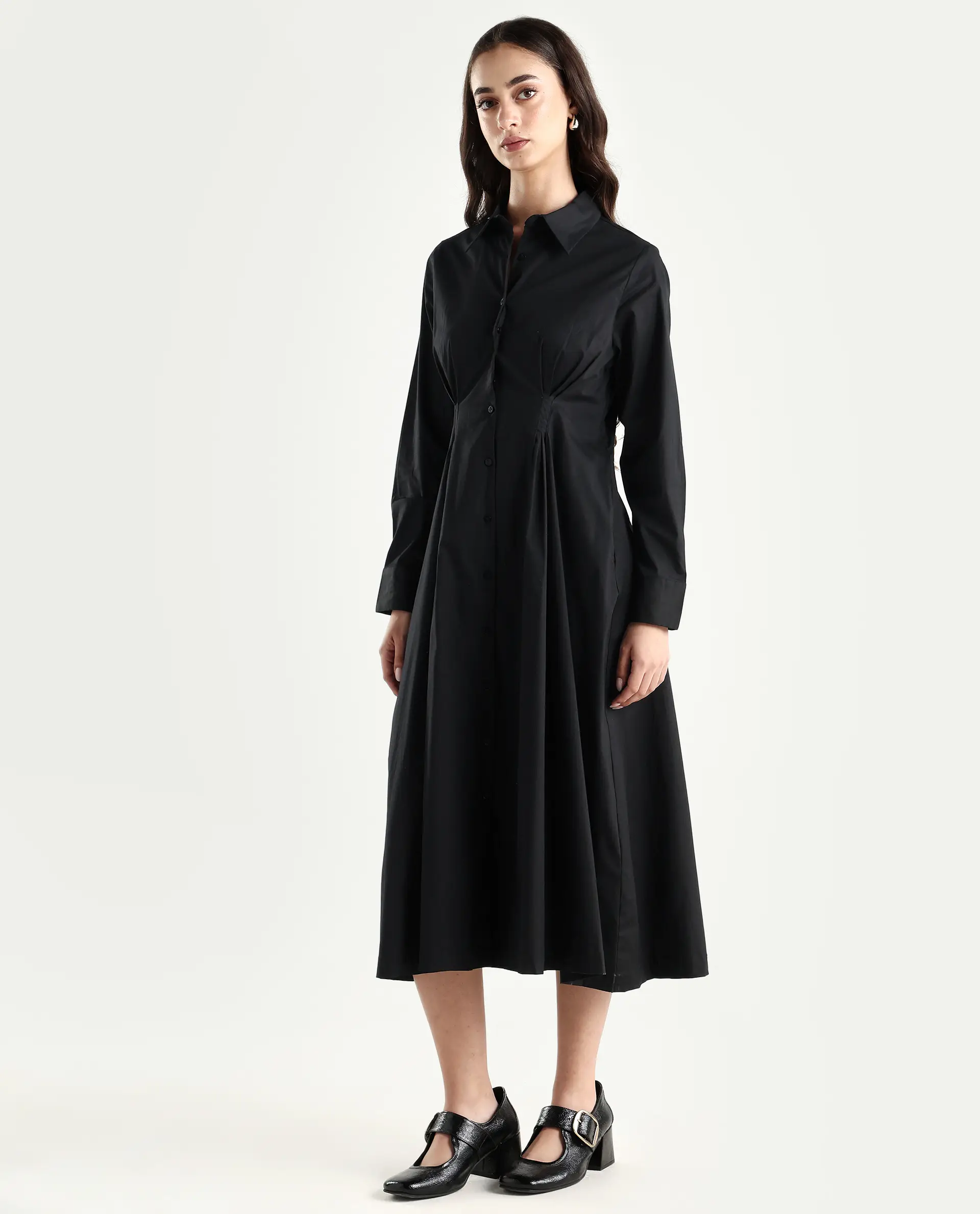 Rareism Women's Libz Black Cotton Blend Drop Collar Plain Cuffed Sleeve Midi Fit And Flare Dress - Image 5