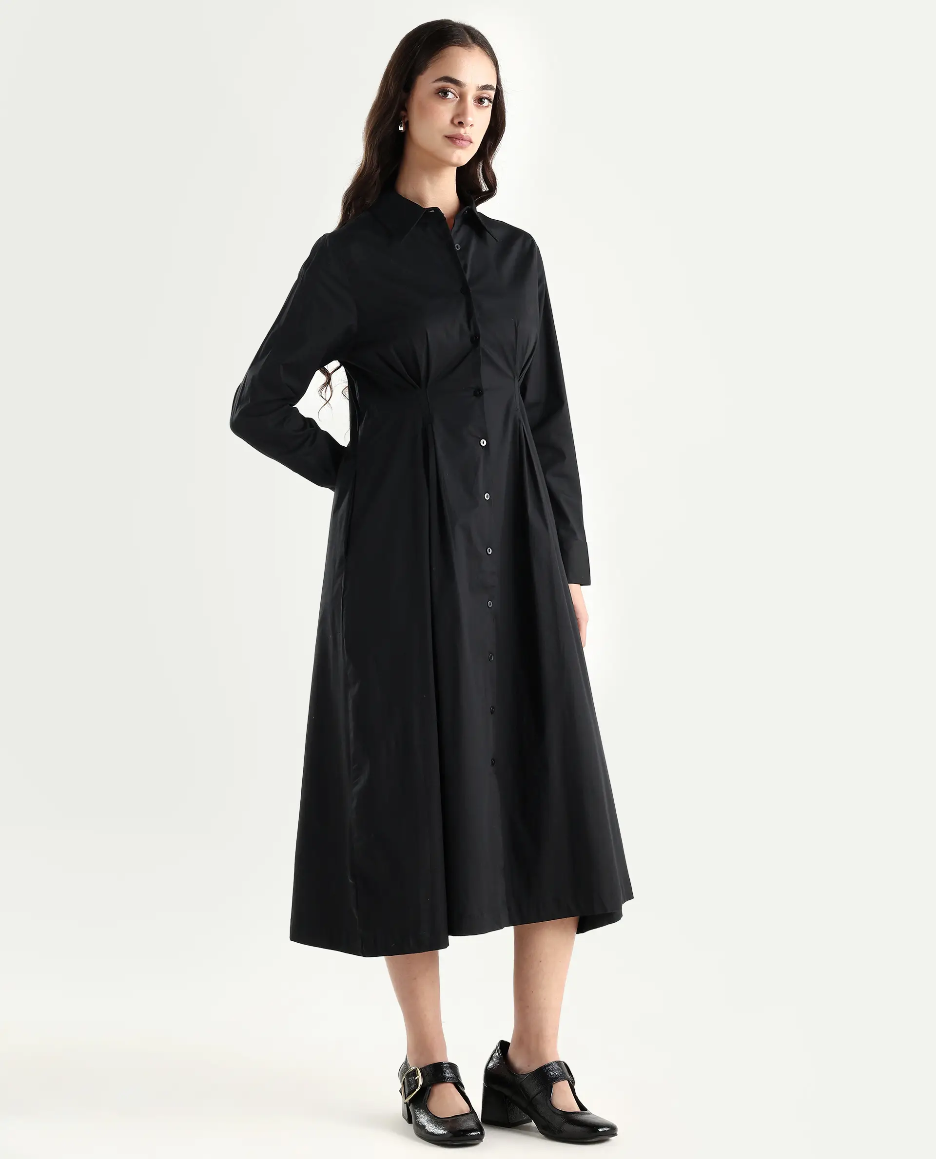 Rareism Women's Libz Black Cotton Blend Drop Collar Plain Cuffed Sleeve Midi Fit And Flare Dress - Image 6