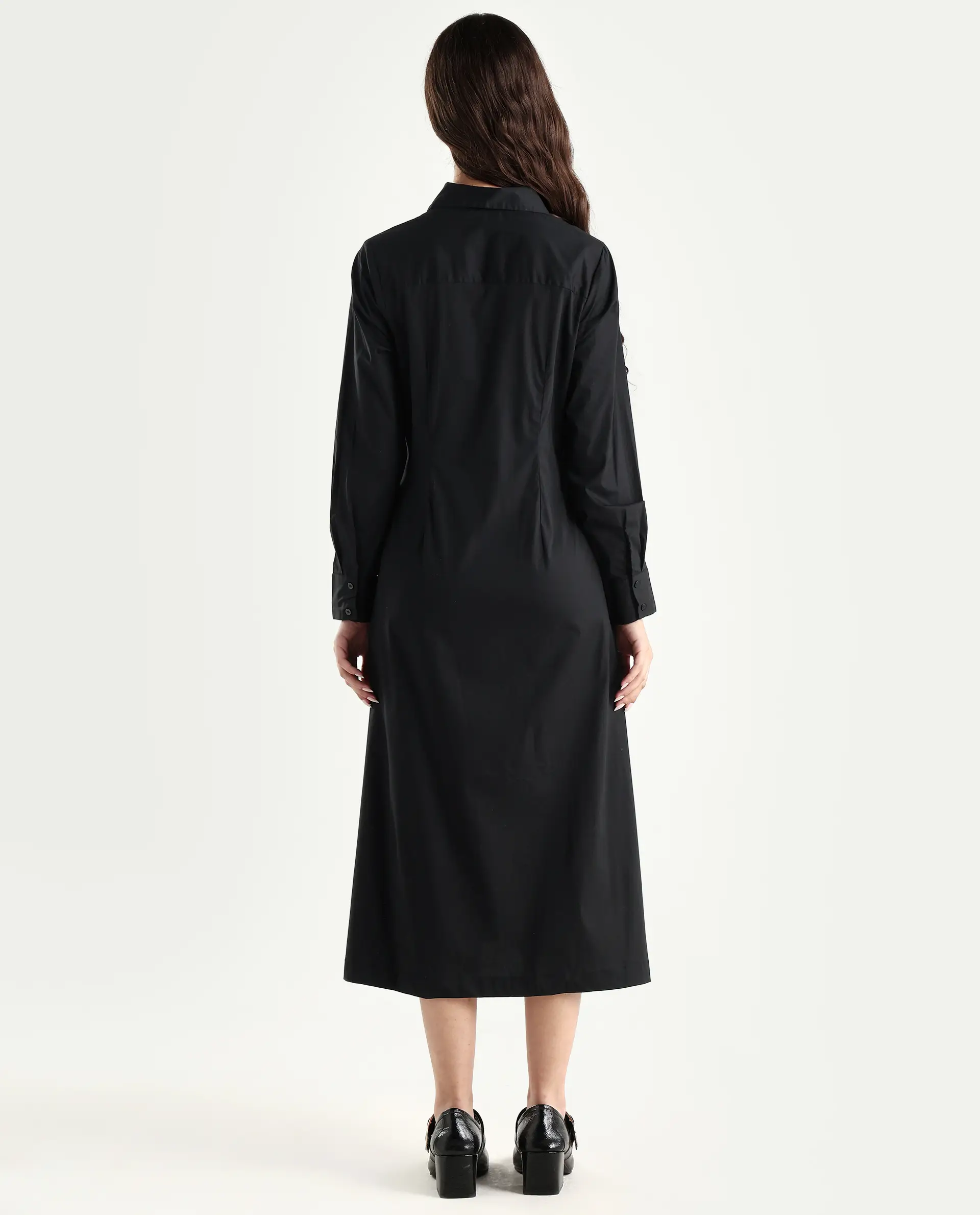 Rareism Women's Libz Black Cotton Blend Drop Collar Plain Cuffed Sleeve Midi Fit And Flare Dress - Image 7