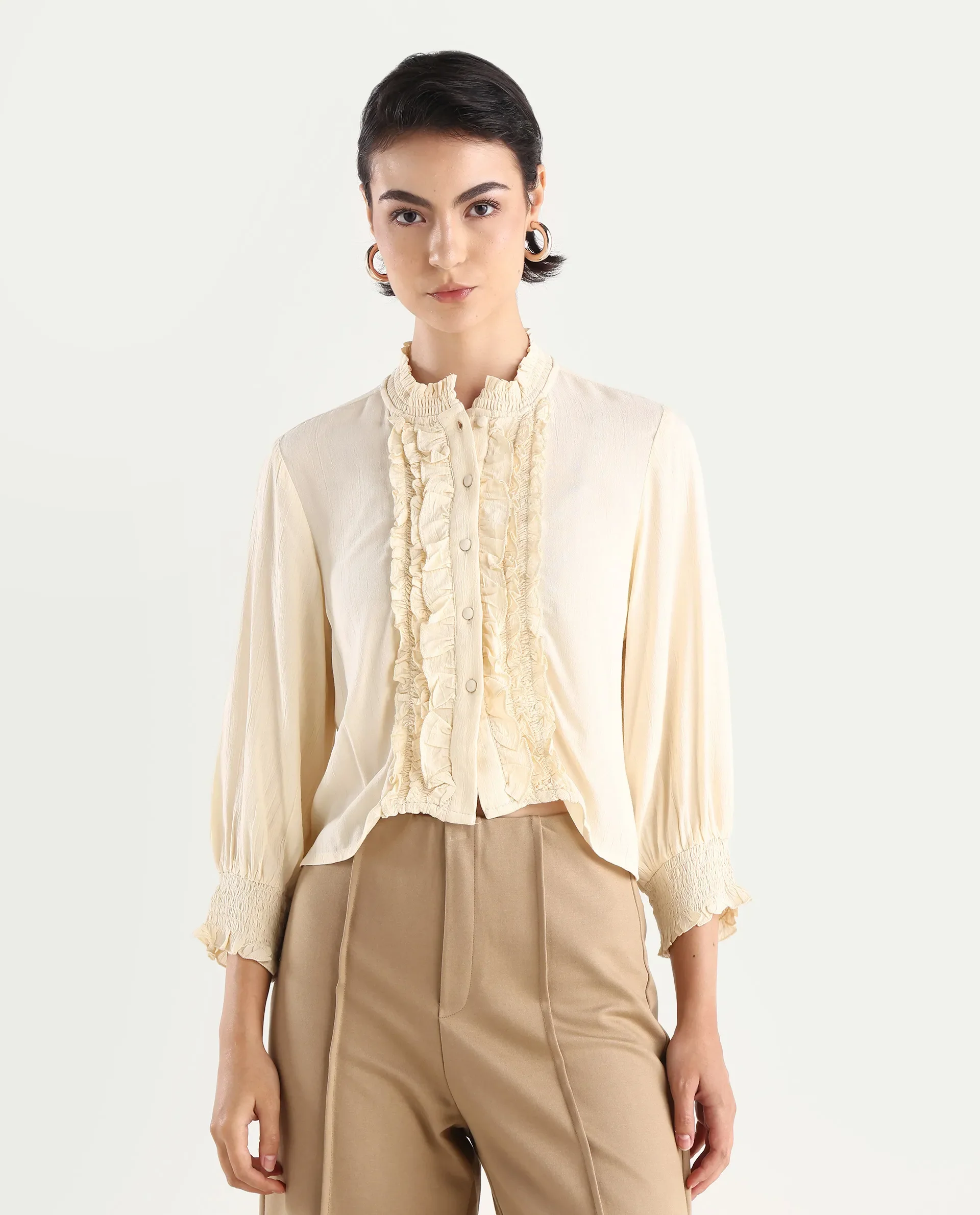 Rareism Women's Licel Off White Rayon Mandarin Collar Plain Regular Fit Top - Image 3