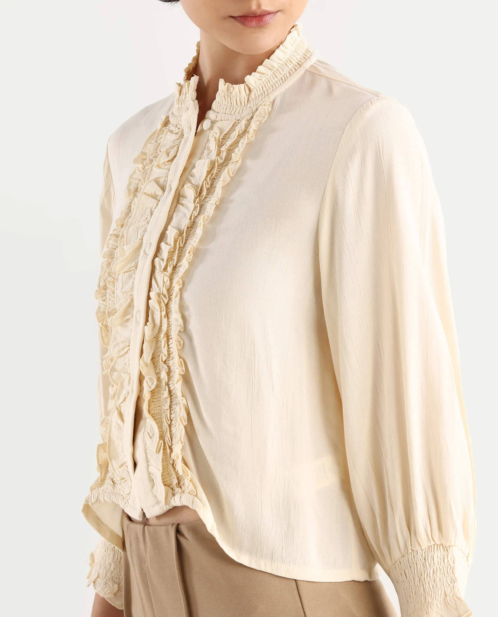 Rareism Women's Licel Off White Rayon Mandarin Collar Plain Regular Fit Top - Image 5
