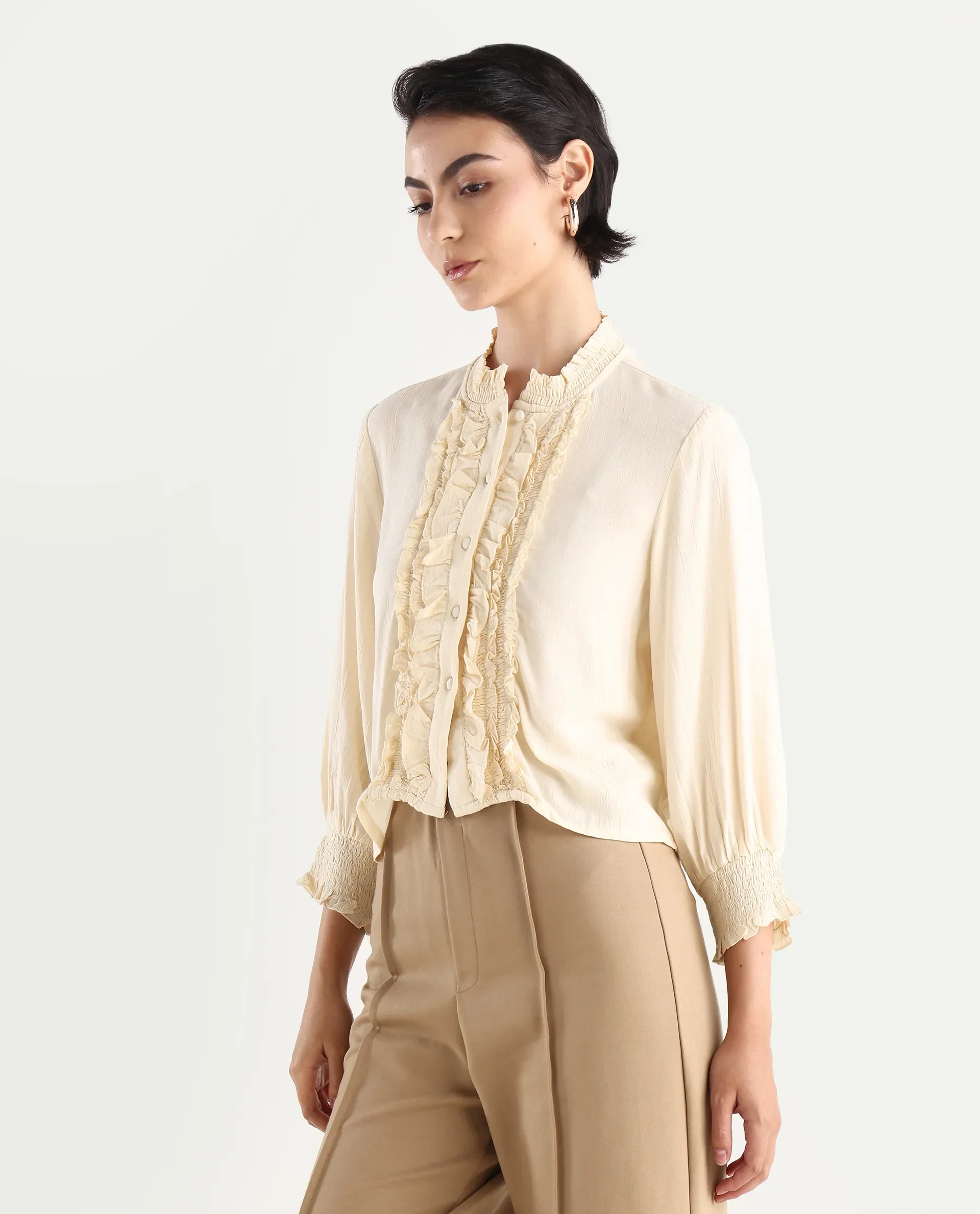 Rareism Women's Licel Off White Rayon Mandarin Collar Plain Regular Fit Top - Image 6