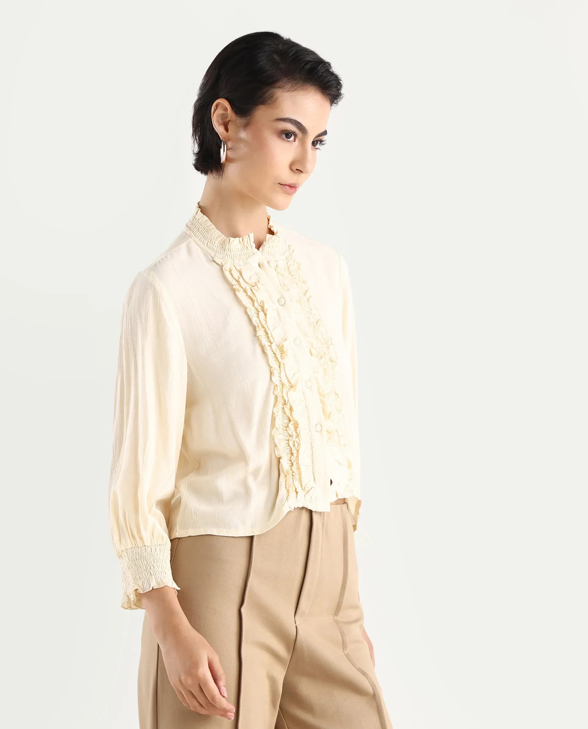 Rareism Women's Licel Off White Rayon Mandarin Collar Plain Regular Fit Top - Image 7