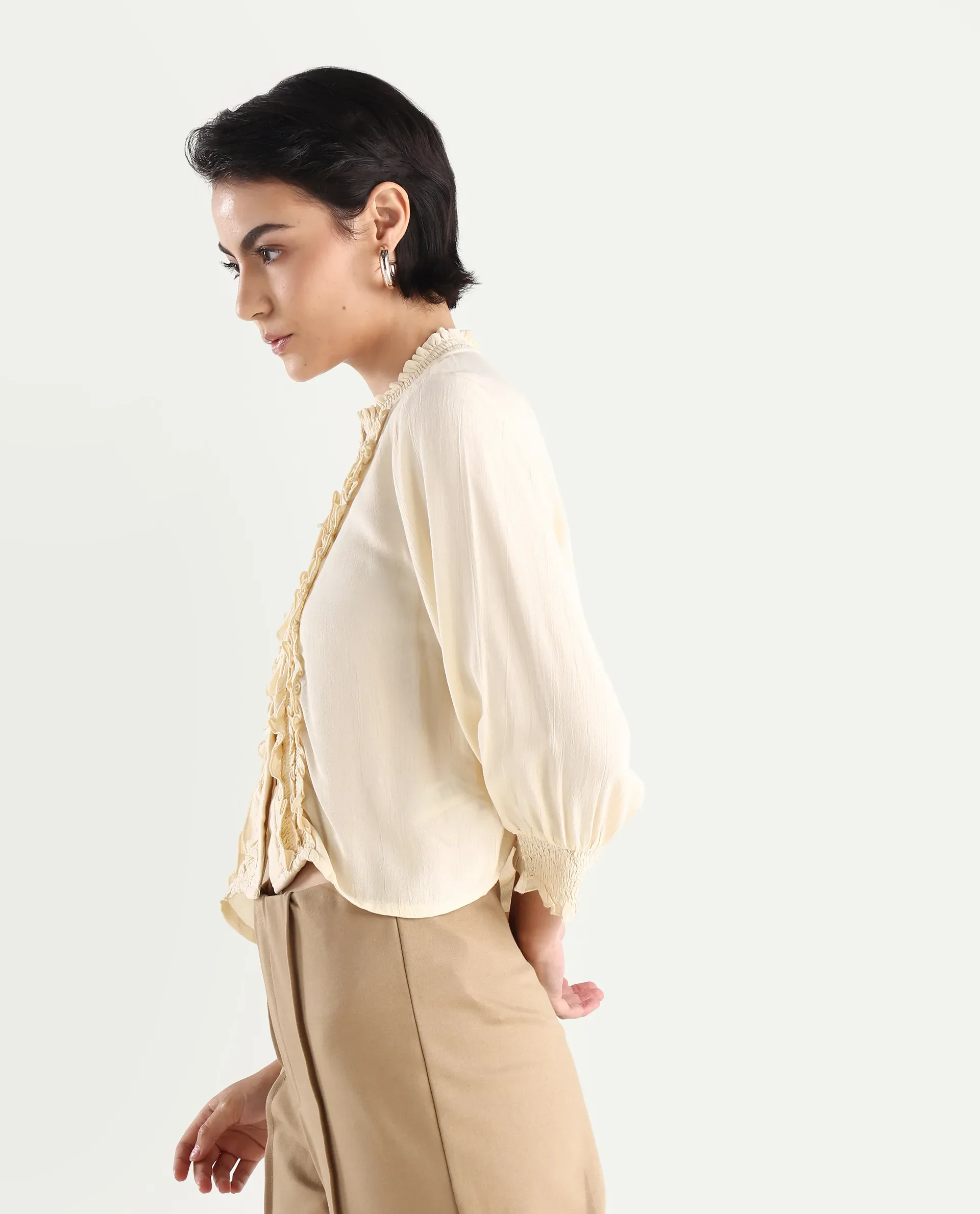Rareism Women's Licel Off White Rayon Mandarin Collar Plain Regular Fit Top - Image 8
