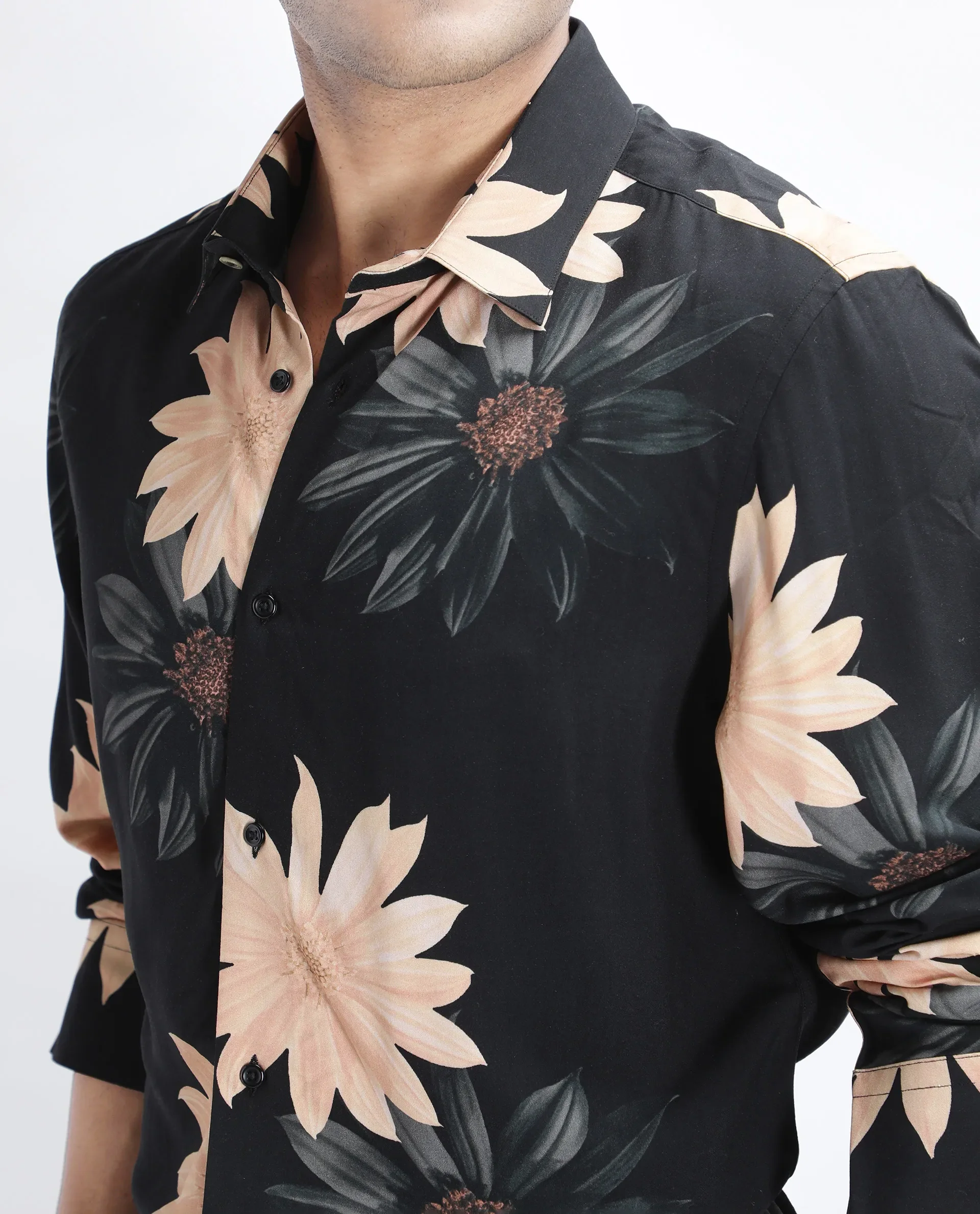 Rare Rabbit Men's Lich Black Viscose Floral Print Regular Fit Full Sleeve Collared Shirt - Image 3