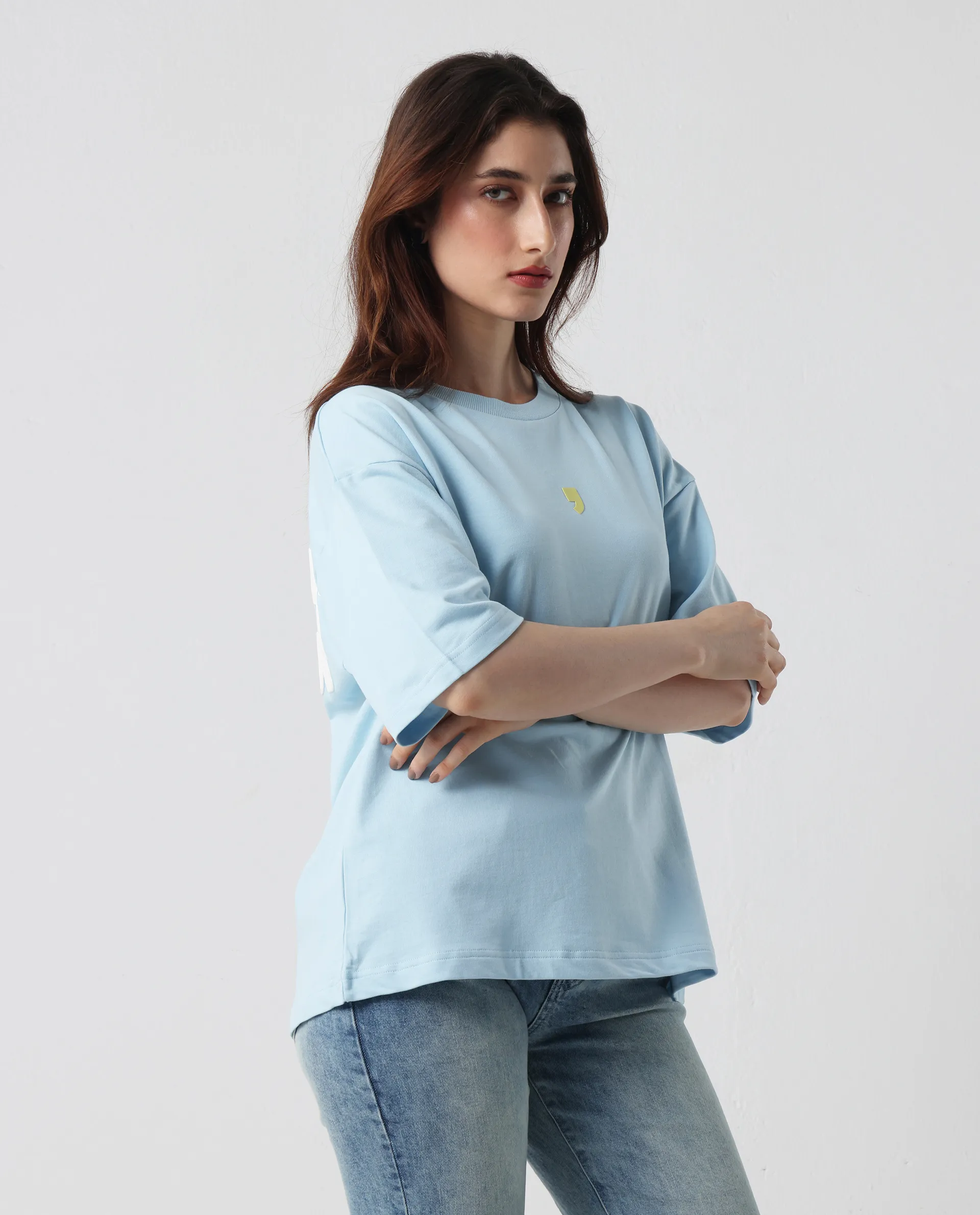 Rareism Women's Liche Blue Cotton Graphic Print Oversized T-Shirt - Image 6