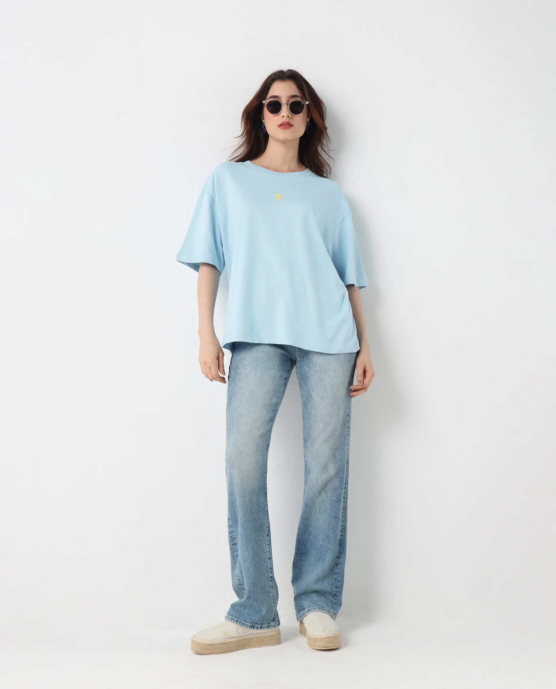 Rareism Women's Liche Blue Cotton Graphic Print Oversized T-Shirt - Image 7