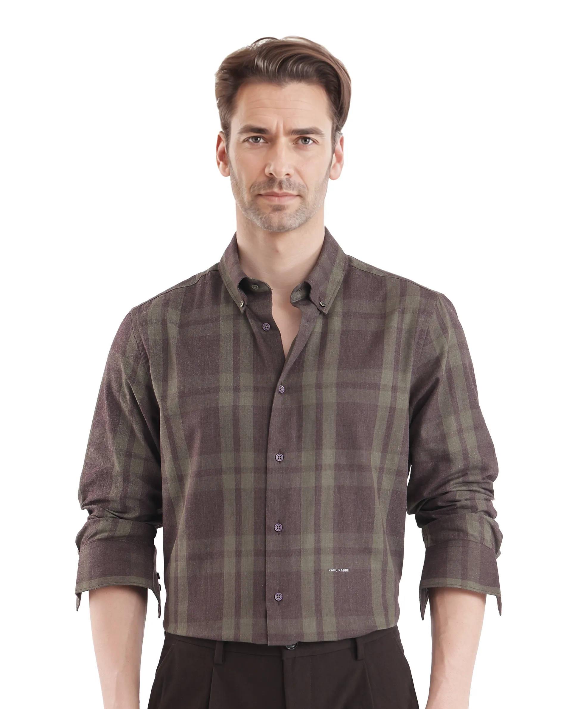 Rare Rabbit Men's Licot Dark Olive Cotton Checked Print Regular Fit Full Sleeve Collared Shirt