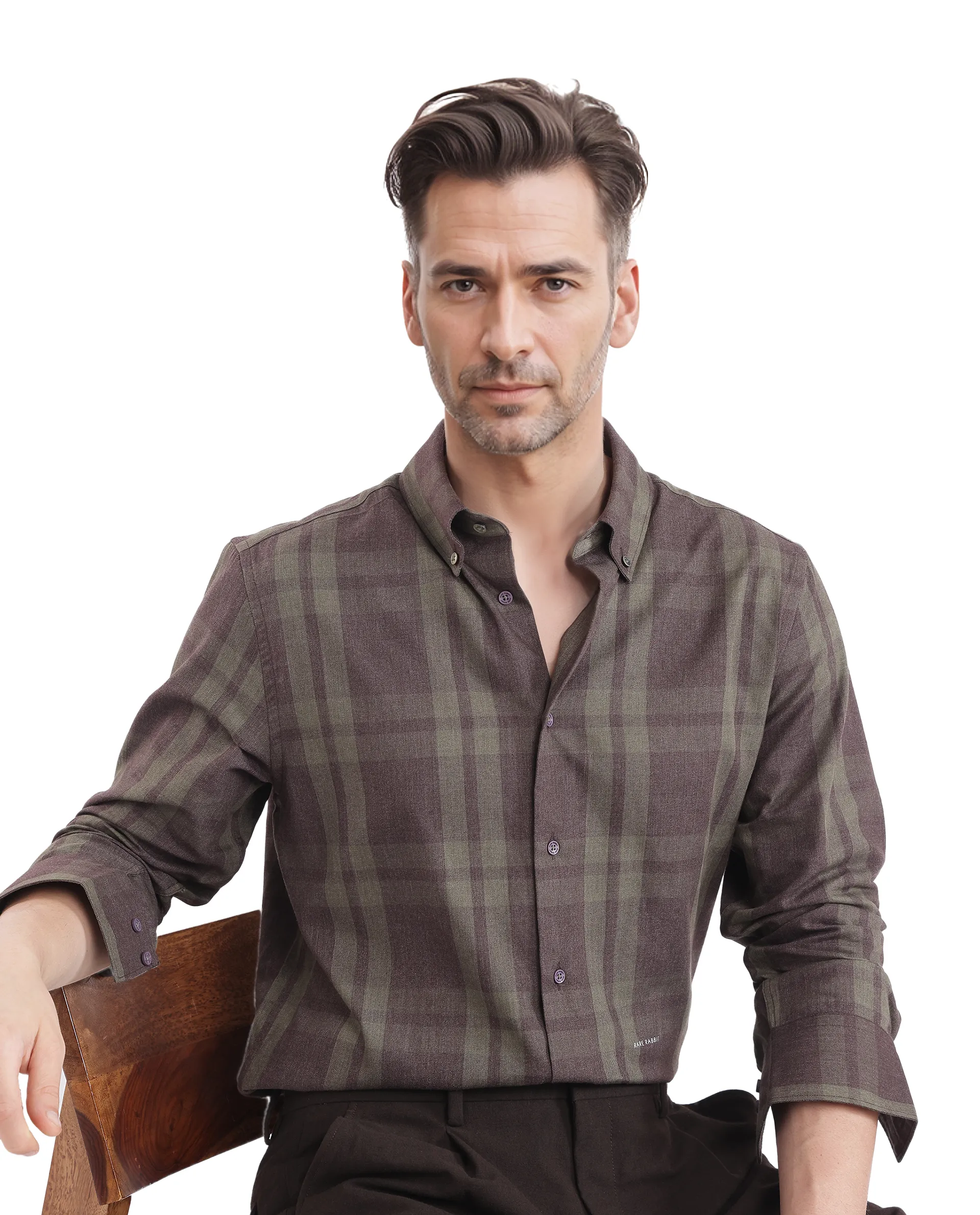 Rare Rabbit Men's Licot Dark Olive Cotton Checked Print Regular Fit Full Sleeve Collared Shirt - Image 2