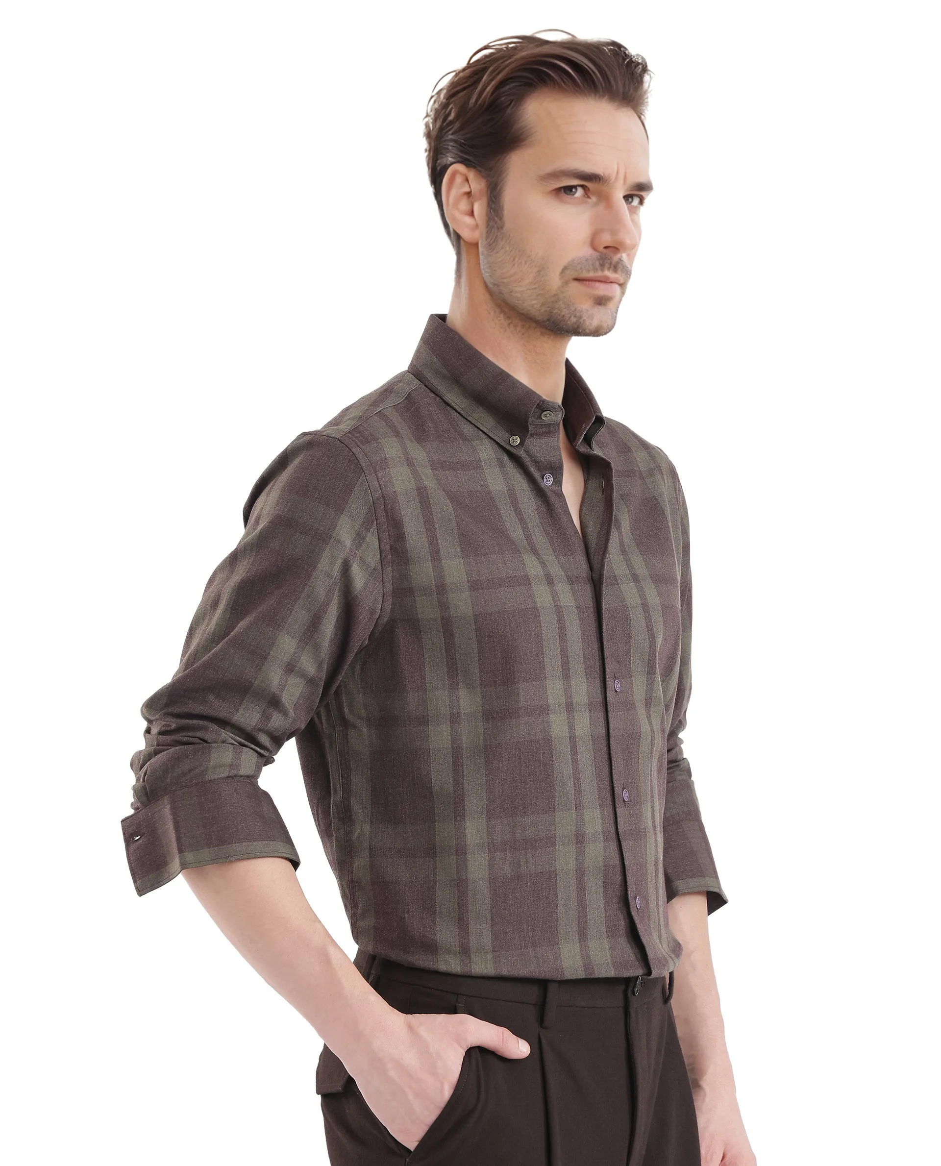 Rare Rabbit Men's Licot Dark Olive Cotton Checked Print Regular Fit Full Sleeve Collared Shirt - Image 7