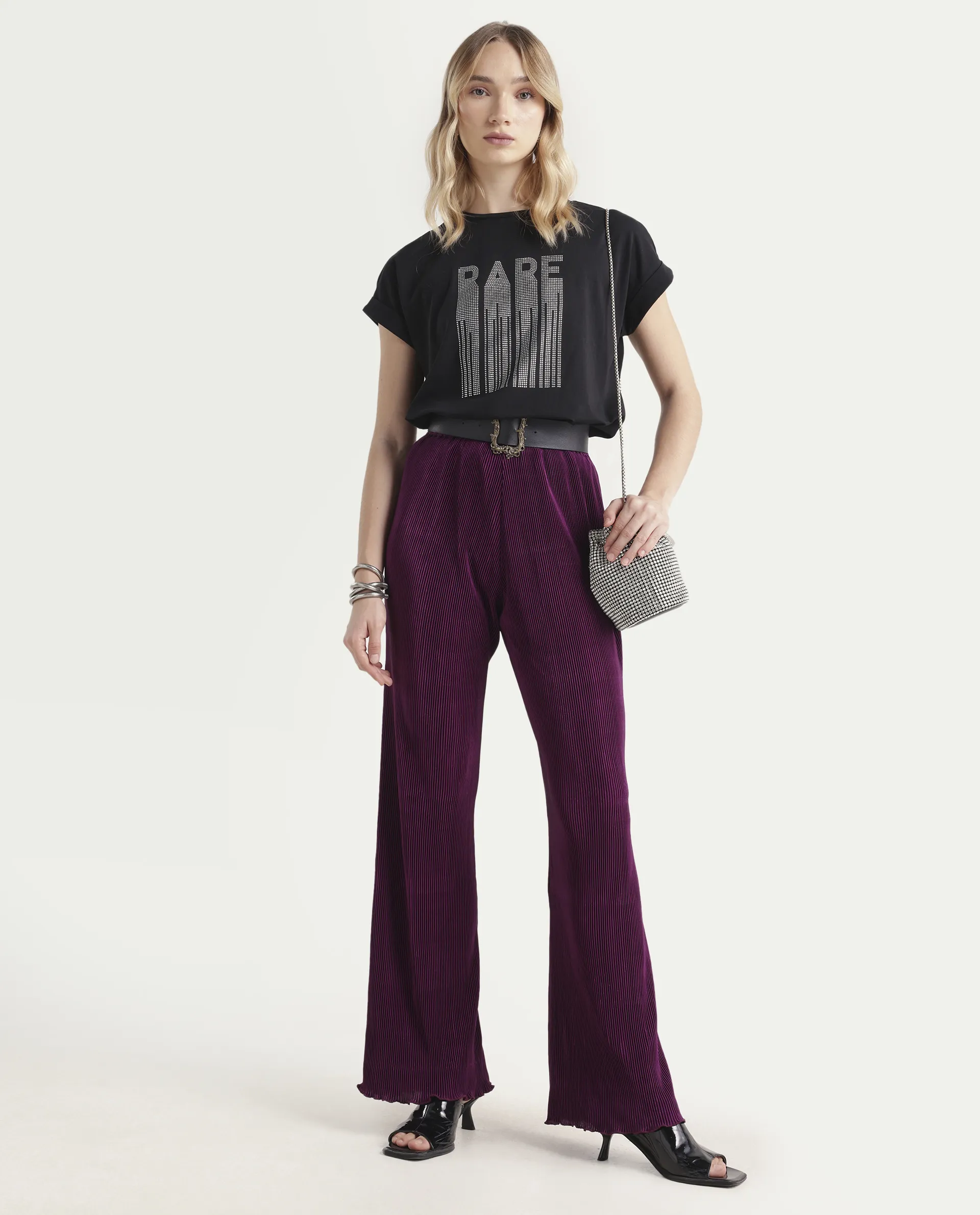 Rareism Women's Licyle Maroon Polyester Plain Ankle Length Regular Fit Trouser