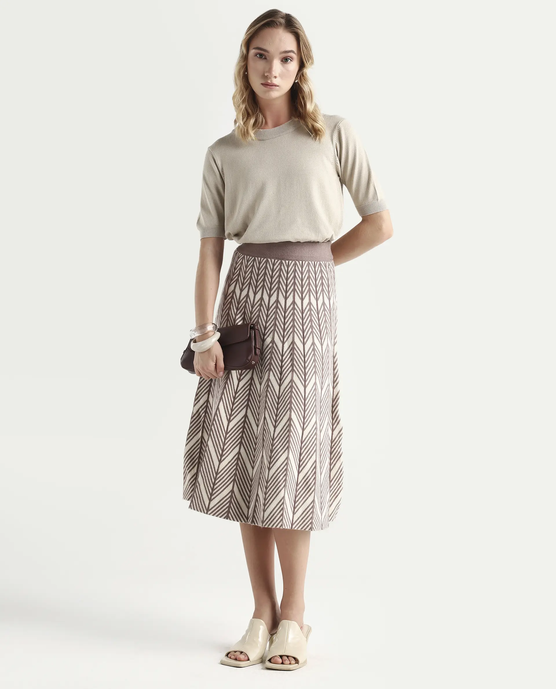 Rareism Women's Lida Beige Viscose Geometric Print Midi Flared Skirt