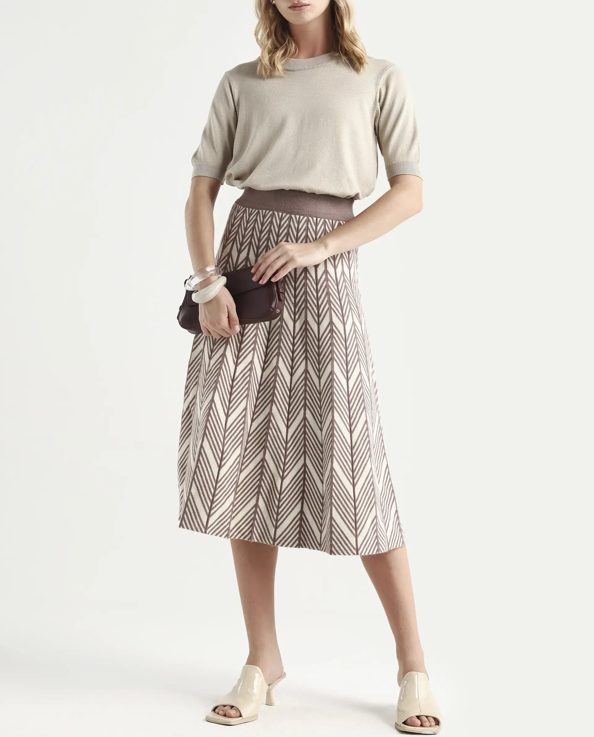 Rareism Women's Lida Beige Viscose Geometric Print Midi Flared Skirt - Image 2