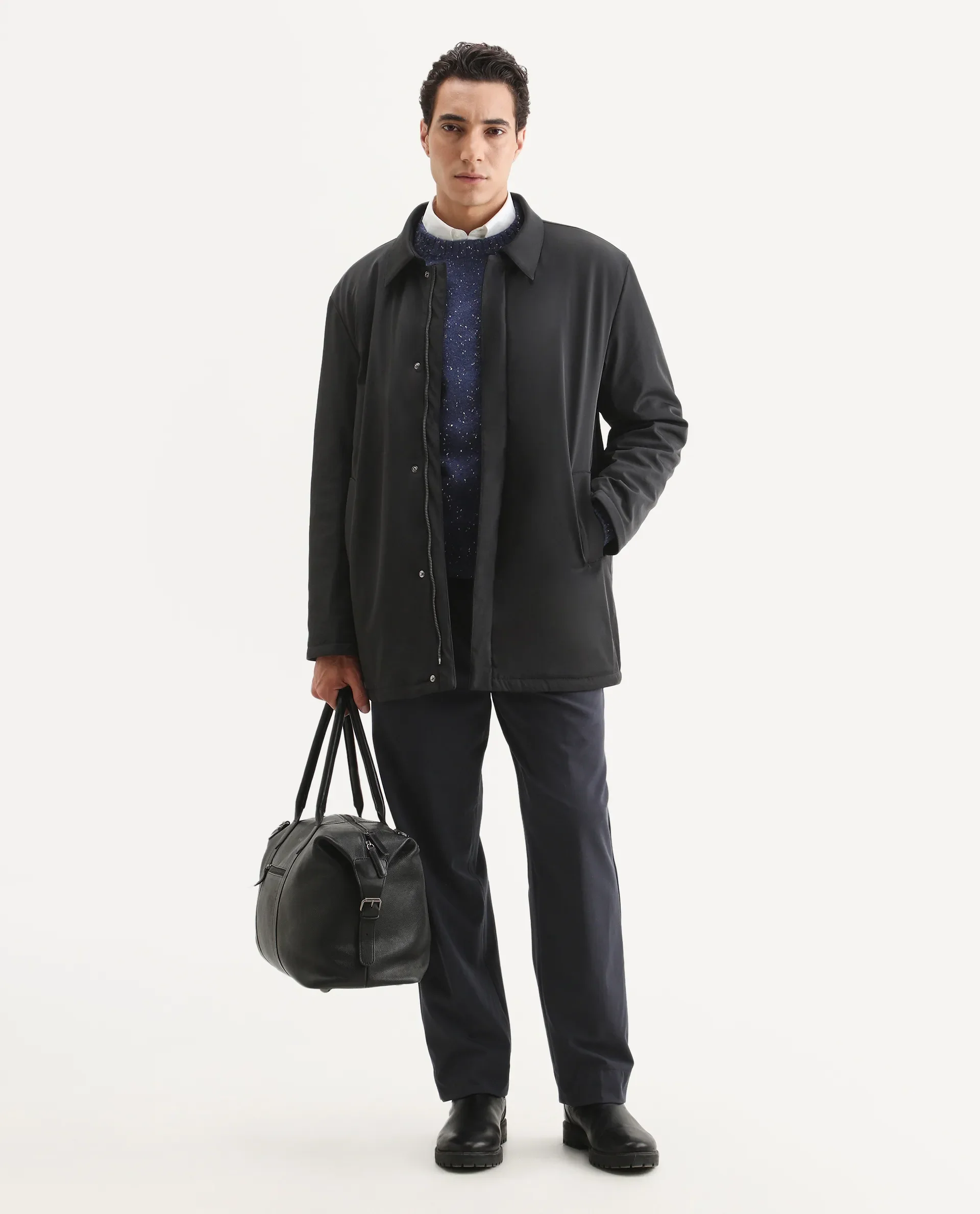 Rare Rabbit Men's Liem Black Nylon Blend Fabric Collared Neck Regular Fit Plain Coat - Image 2