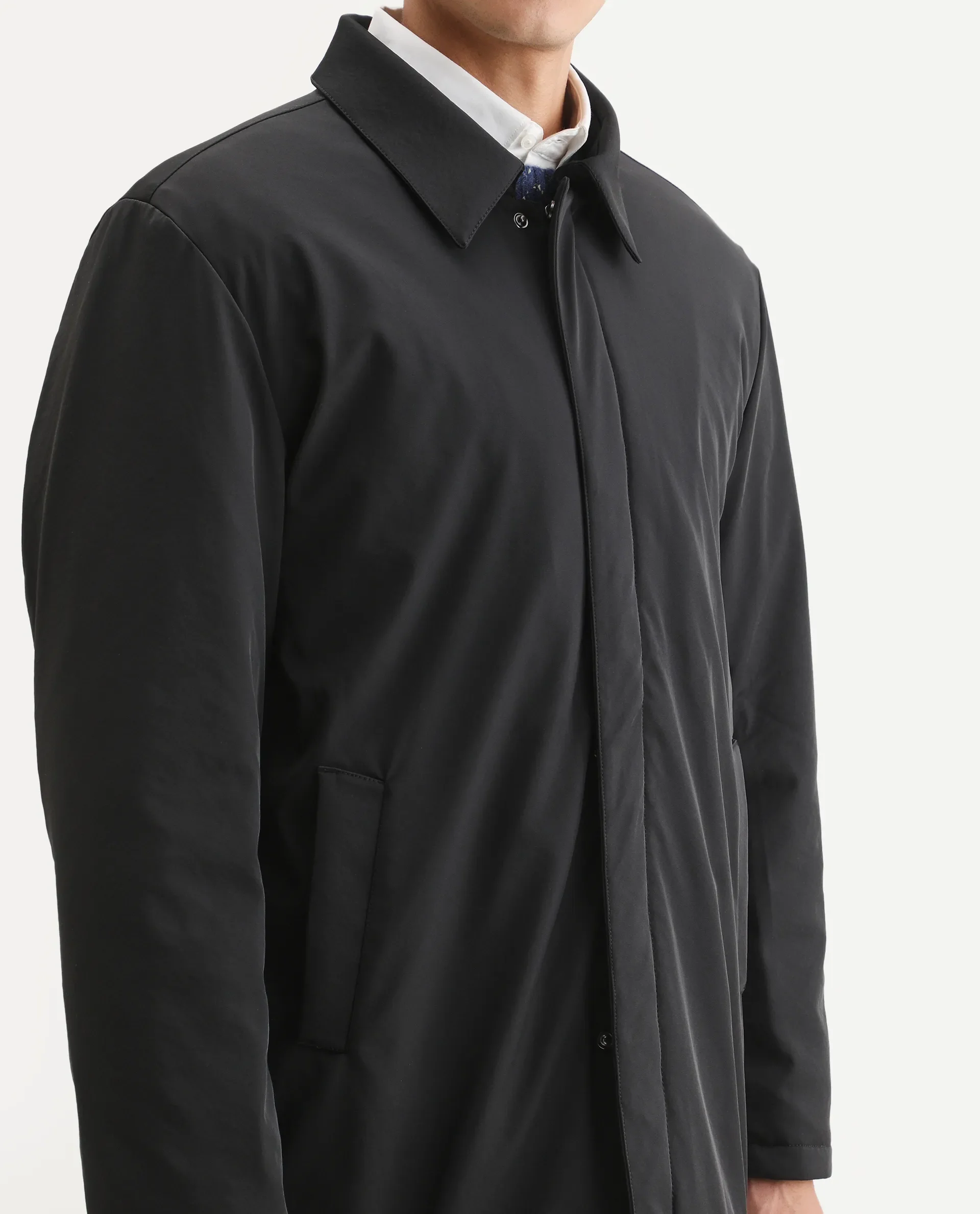 Rare Rabbit Men's Liem Black Nylon Blend Fabric Collared Neck Regular Fit Plain Coat - Image 3