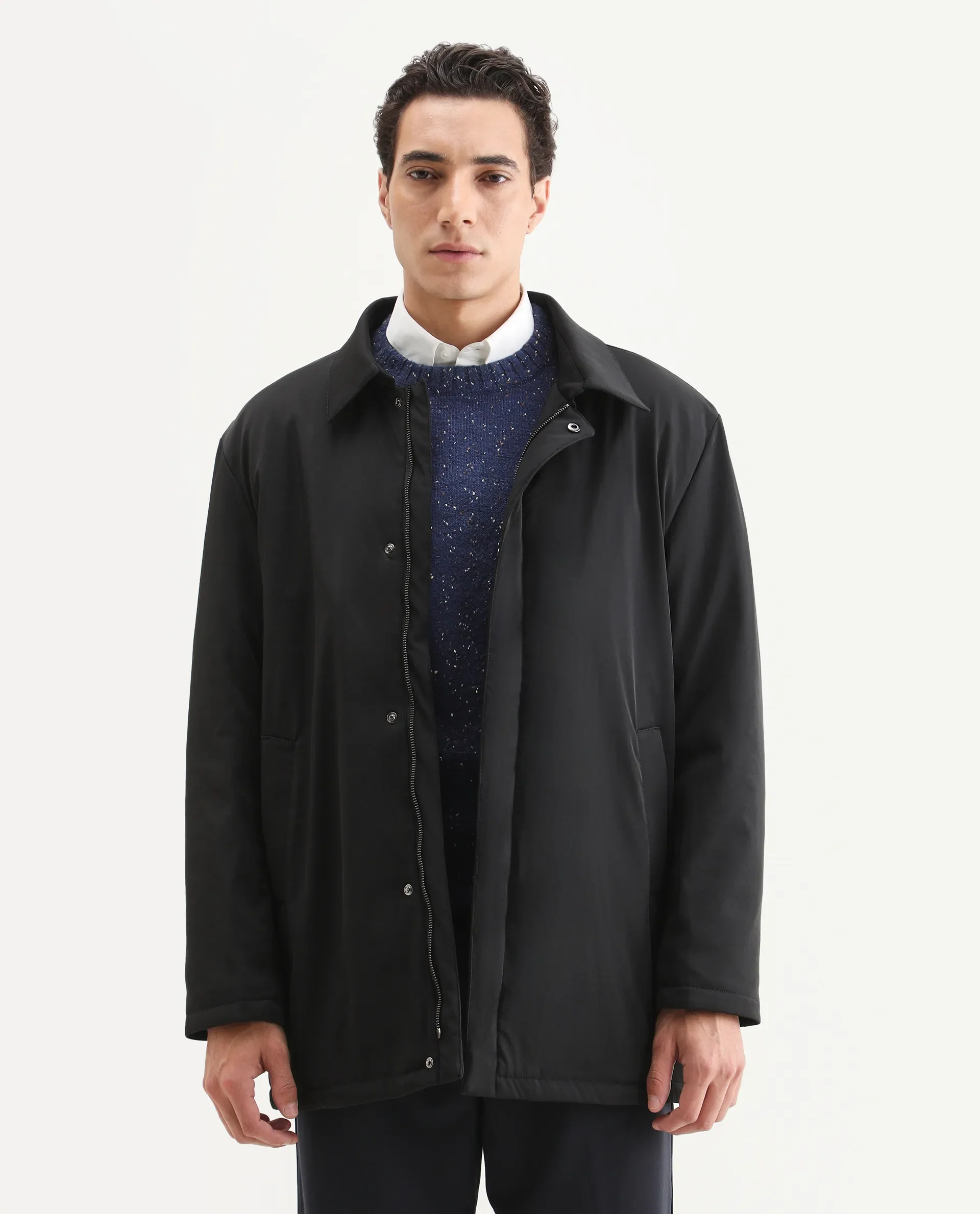 Rare Rabbit Men's Liem Black Nylon Blend Fabric Collared Neck Regular Fit Plain Coat - Image 4