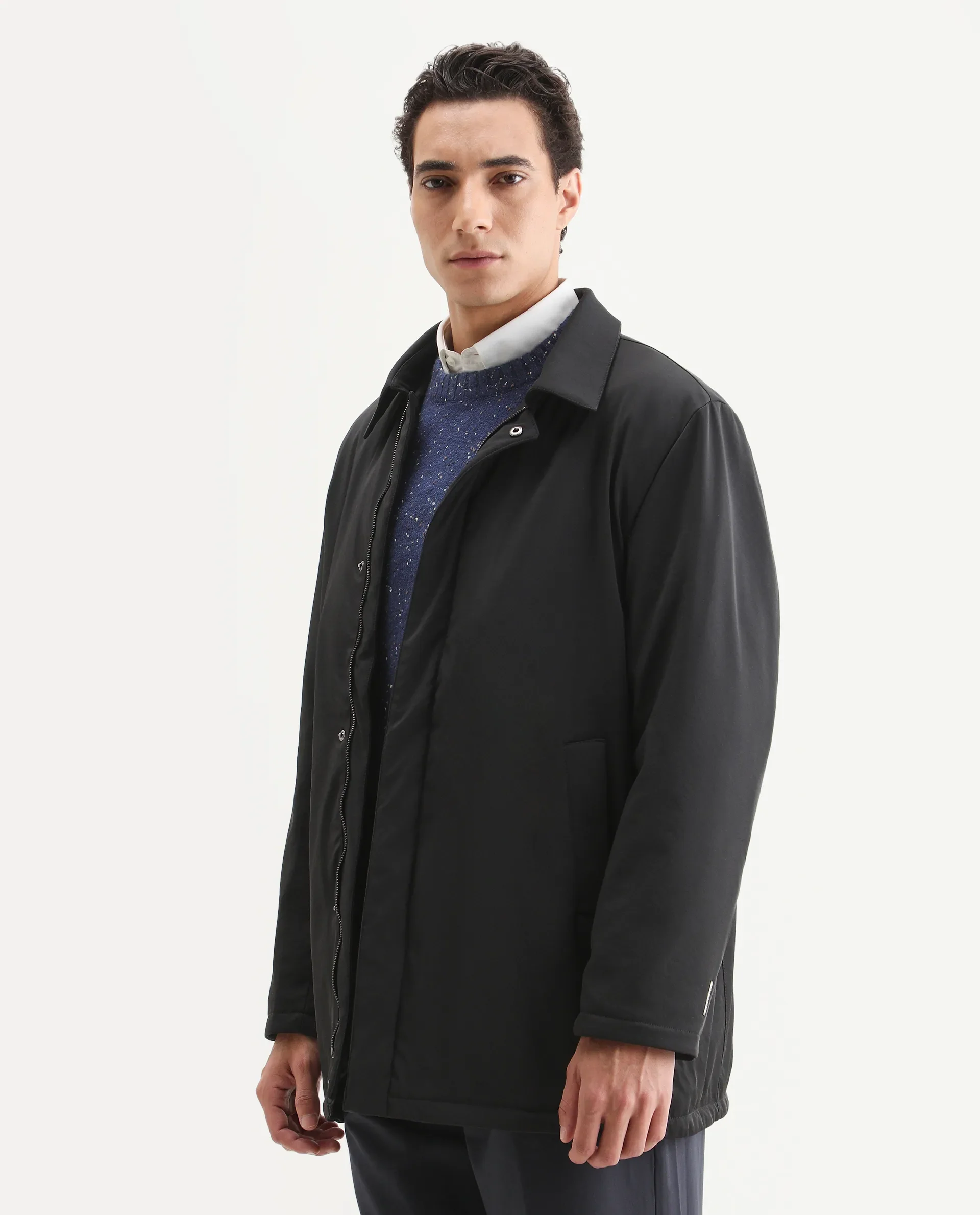 Rare Rabbit Men's Liem Black Nylon Blend Fabric Collared Neck Regular Fit Plain Coat - Image 5