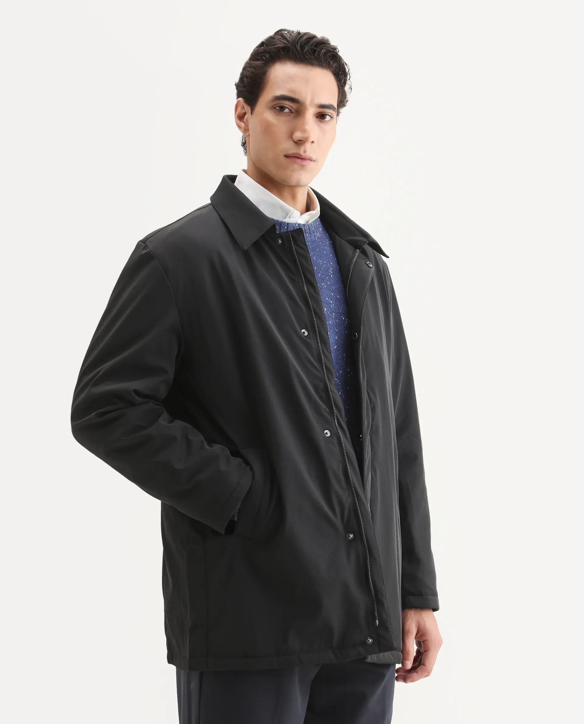Rare Rabbit Men's Liem Black Nylon Blend Fabric Collared Neck Regular Fit Plain Coat - Image 6