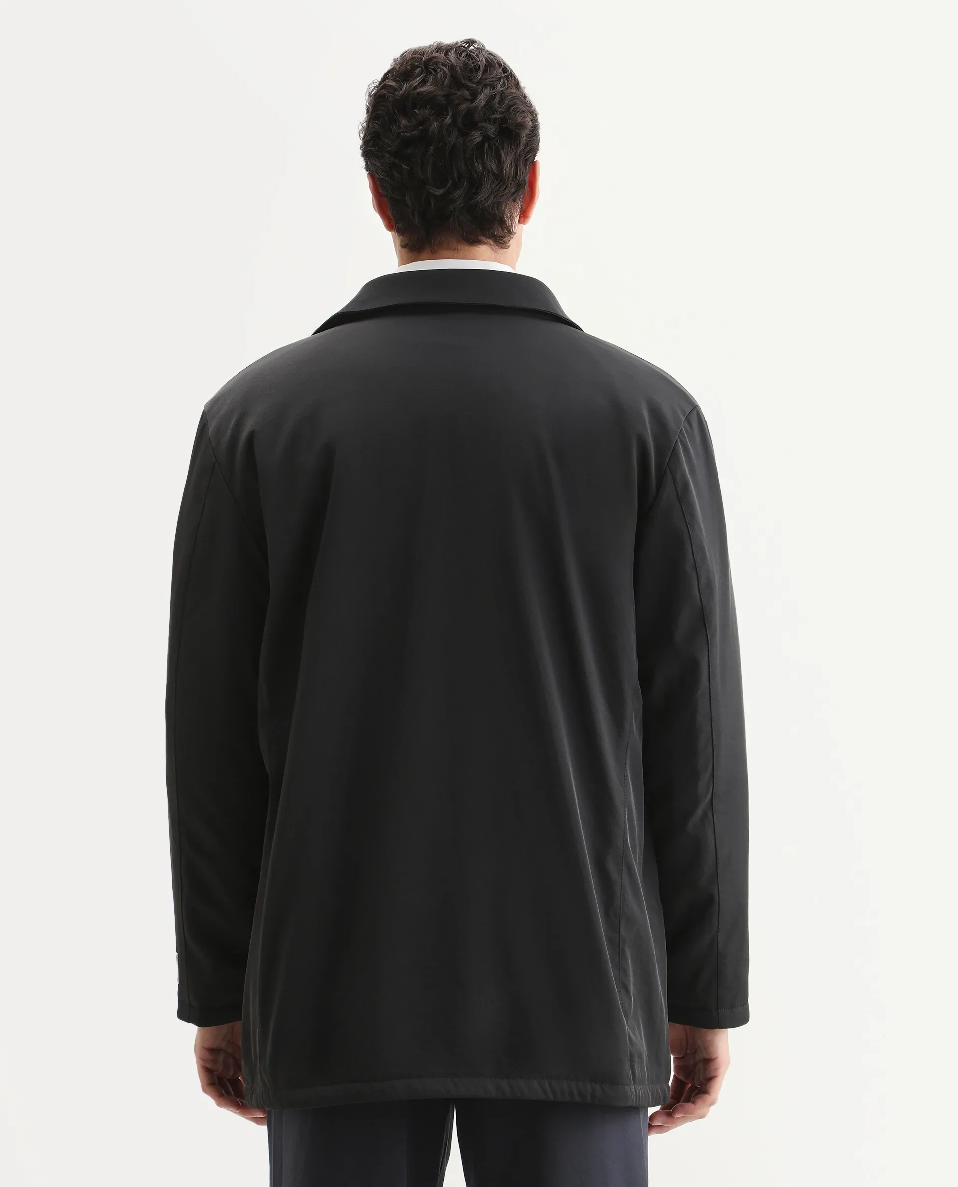 Rare Rabbit Men's Liem Black Nylon Blend Fabric Collared Neck Regular Fit Plain Coat - Image 7