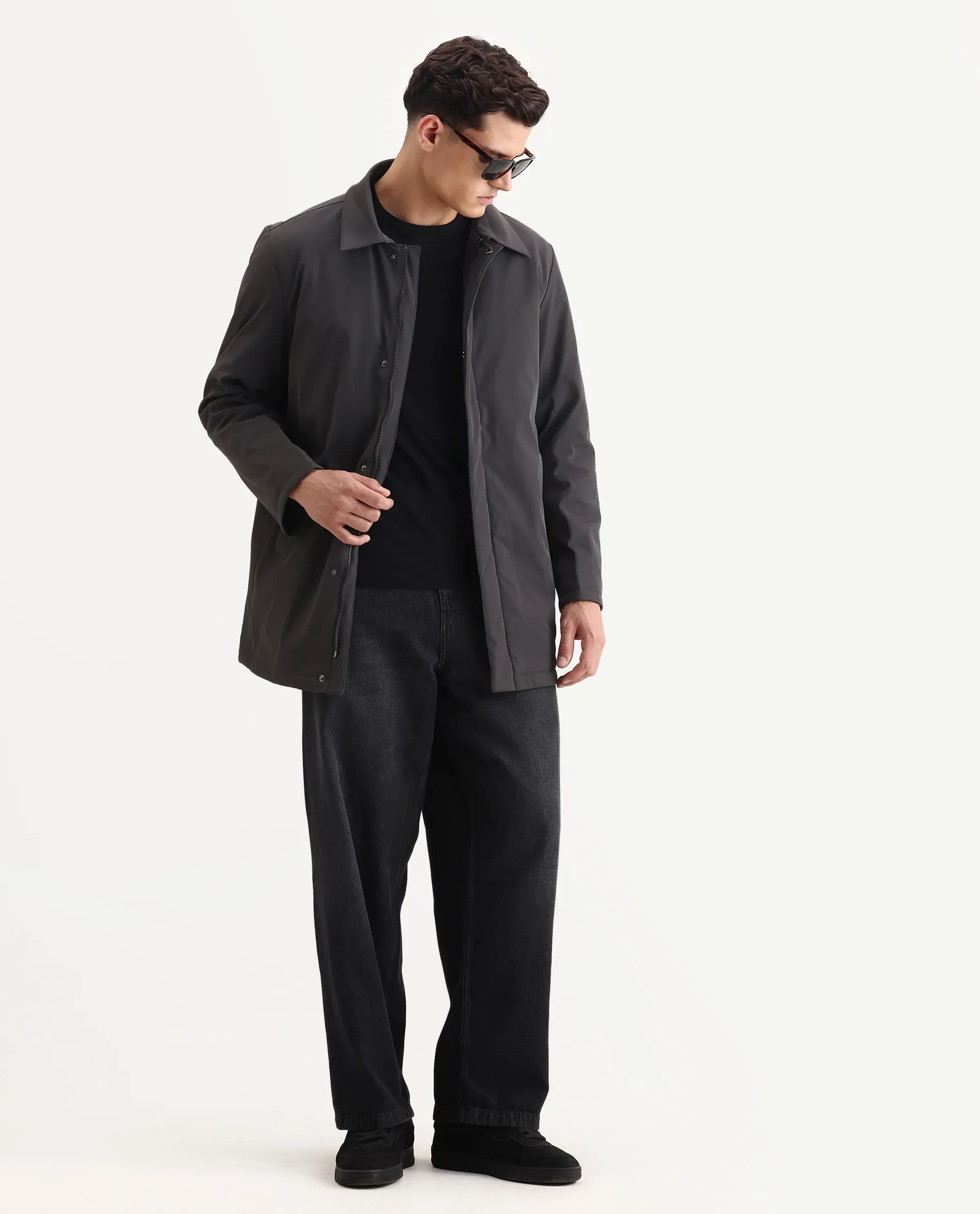 Rare Rabbit Men's Liem Dark Grey Nylon Blend Fabric Collared Neck Regular Fit Plain Coat - Image 2