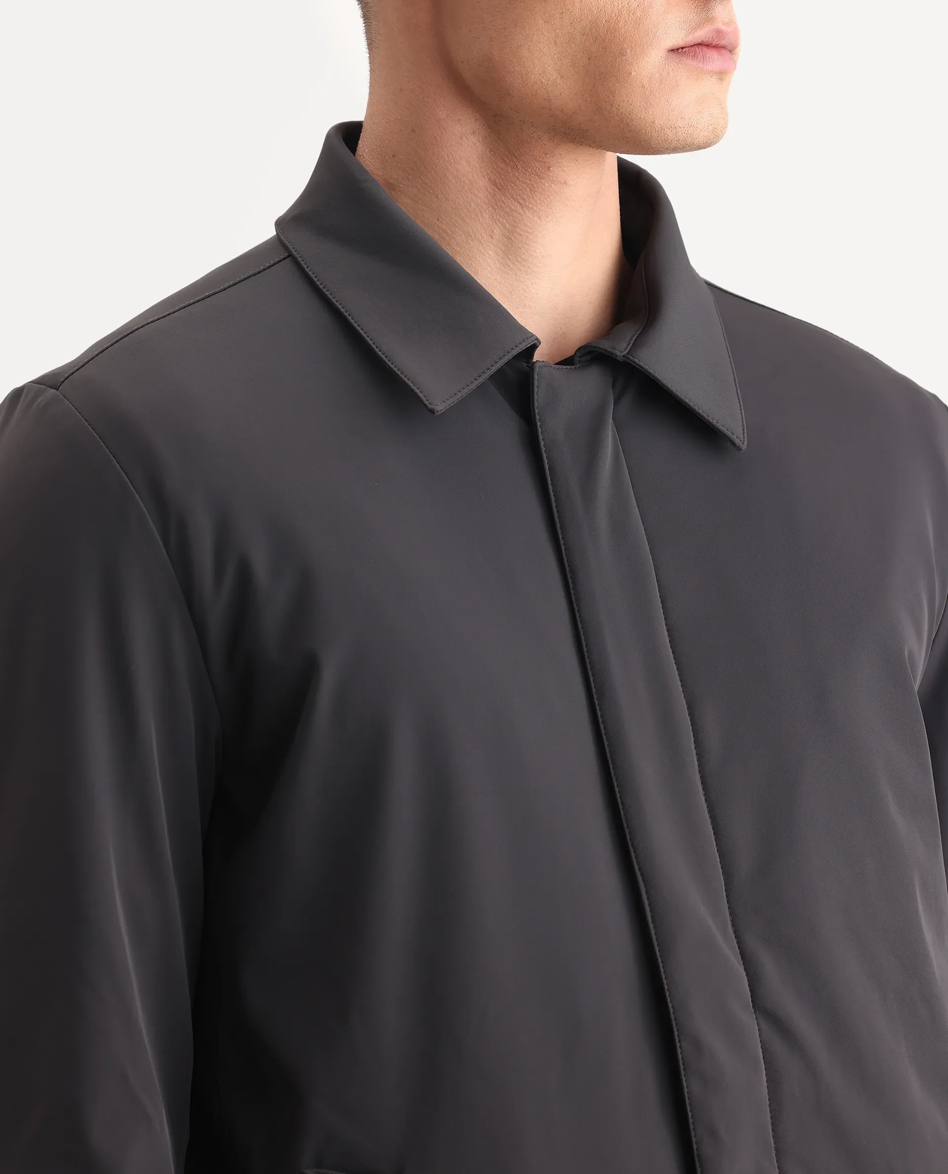 Rare Rabbit Men's Liem Dark Grey Nylon Blend Fabric Collared Neck Regular Fit Plain Coat - Image 3