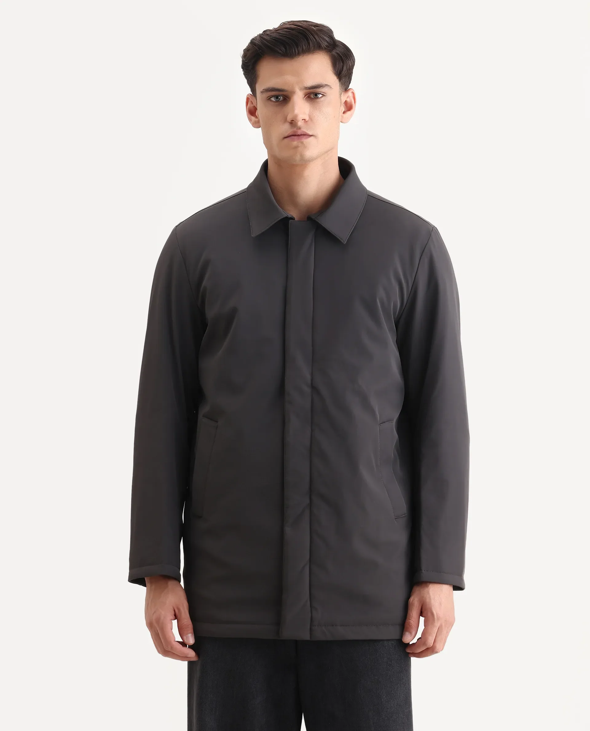 Rare Rabbit Men's Liem Dark Grey Nylon Blend Fabric Collared Neck Regular Fit Plain Coat - Image 4