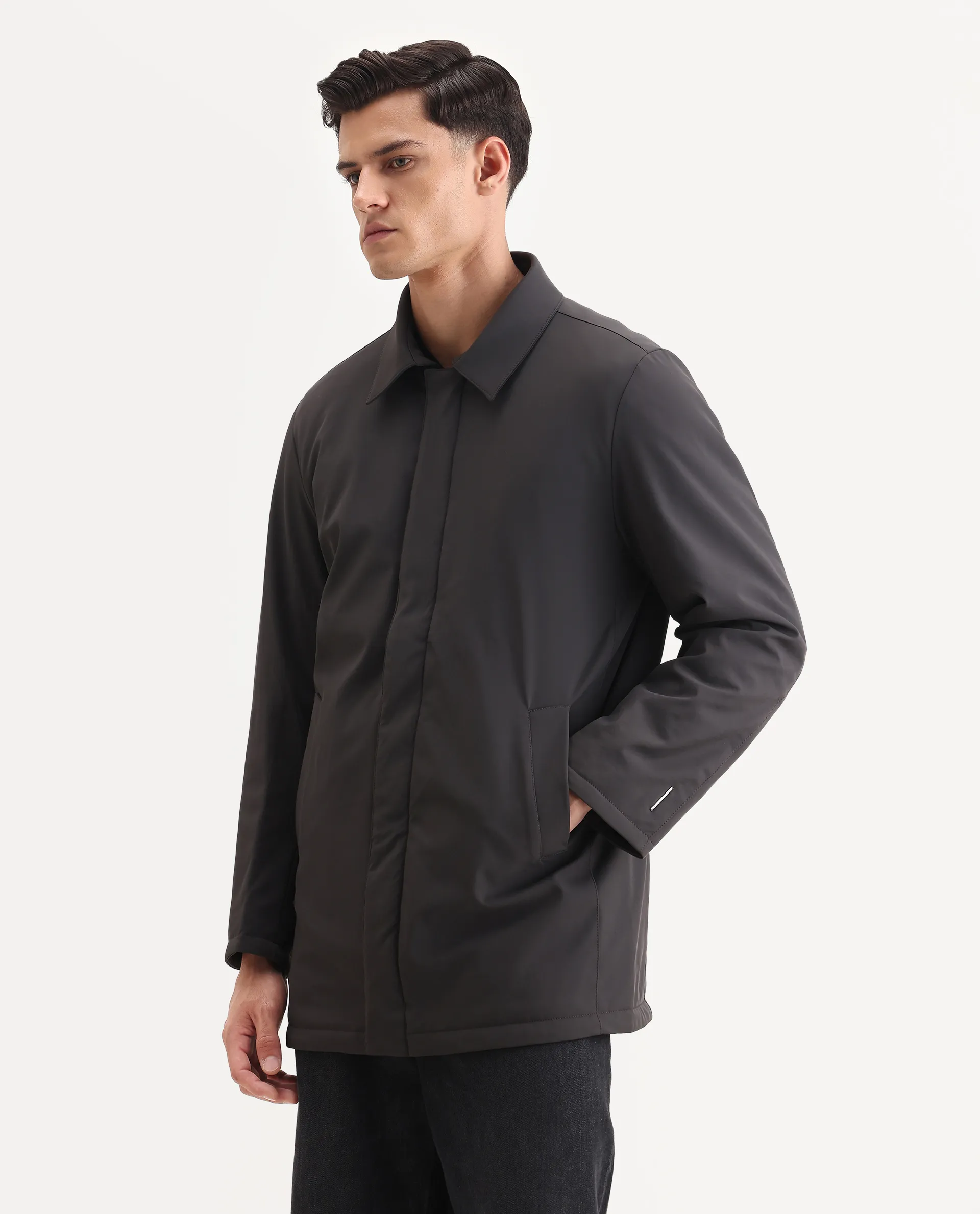 Rare Rabbit Men's Liem Dark Grey Nylon Blend Fabric Collared Neck Regular Fit Plain Coat - Image 5
