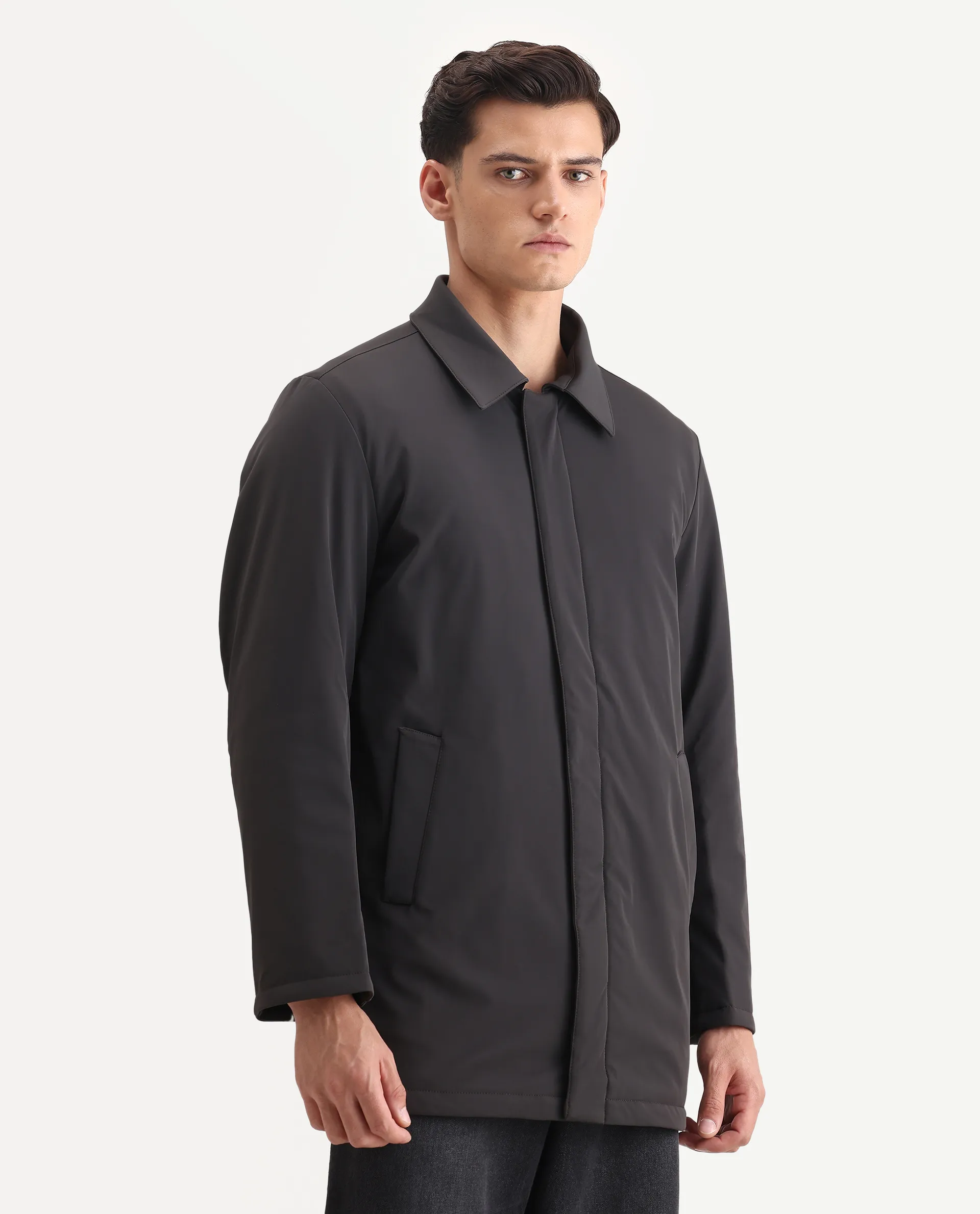 Rare Rabbit Men's Liem Dark Grey Nylon Blend Fabric Collared Neck Regular Fit Plain Coat - Image 6